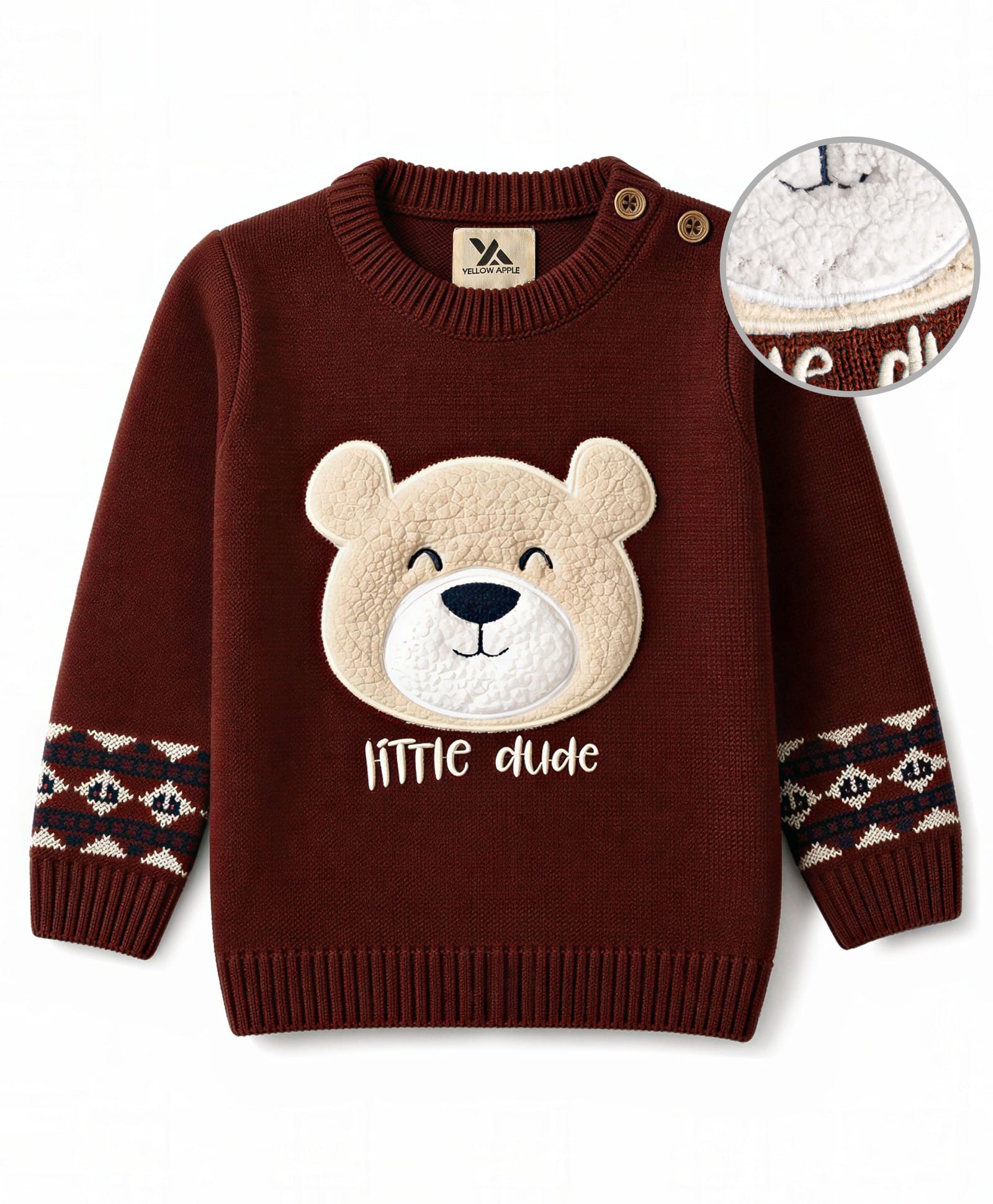 Yellow Apple Knit Full Sleeves Pullover with Bear Embroidered - Maroon-picture-28