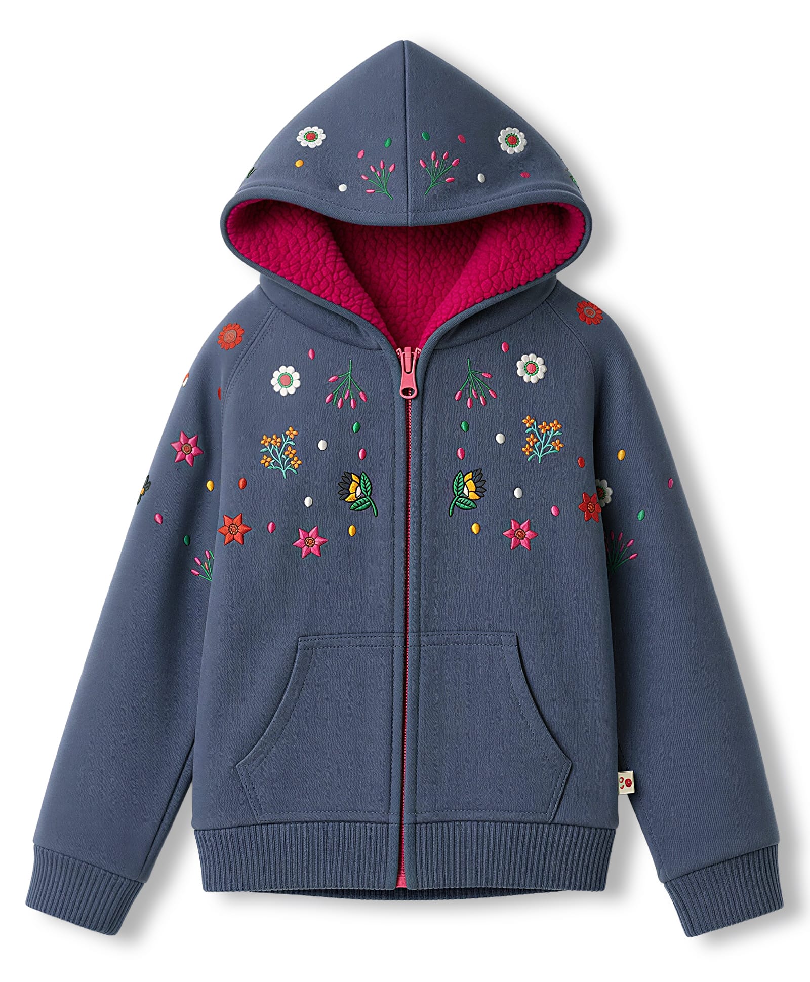 Yellow Apple Knit Full Sleeves Floral Embroidered Hooded Sweatjacket - Blue-picture-28