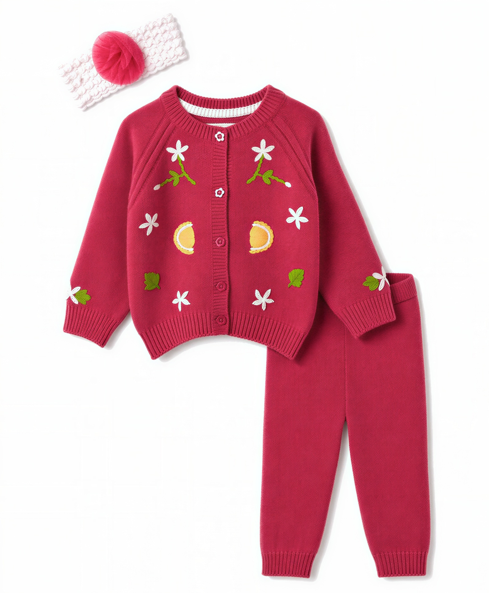 Yellow Apple Knit Full Sleeves Front Open Sweater Set with Floral Embroidered & Head Band- Red-picture-14