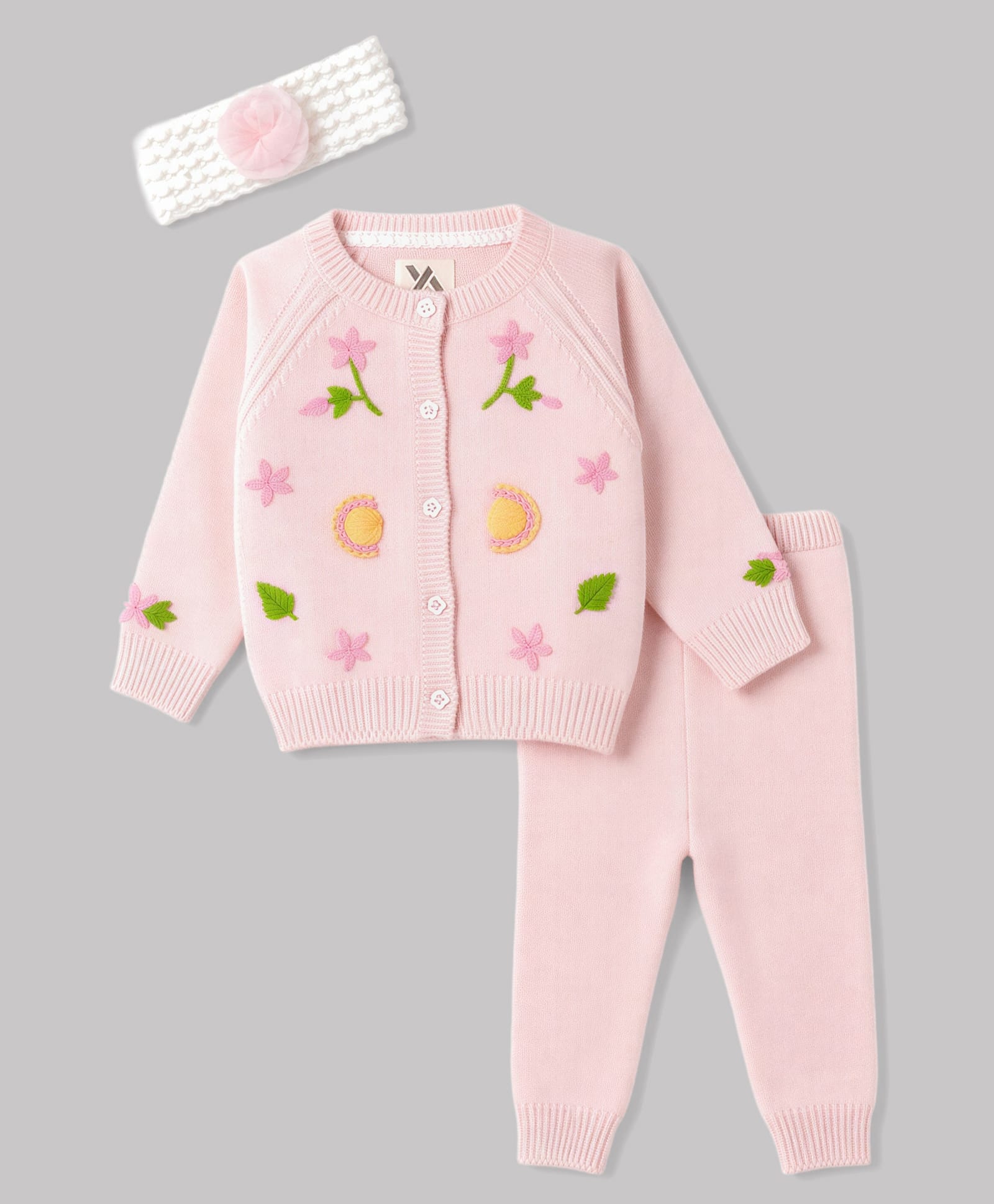 Yellow Apple Knit Full Sleeves Front Open Sweater Set with Floral Embroidered & Head Band- Peach-picture-36