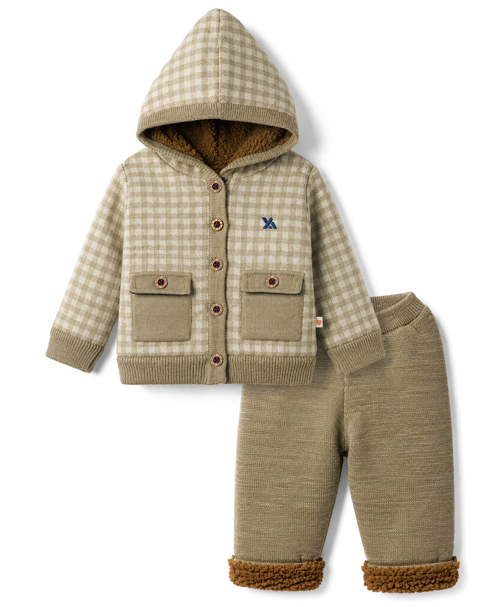 Yellow Apple Knit Full Sleeves Front Open Hooded Sweater Set with Checkered Design -Tan-picture-27