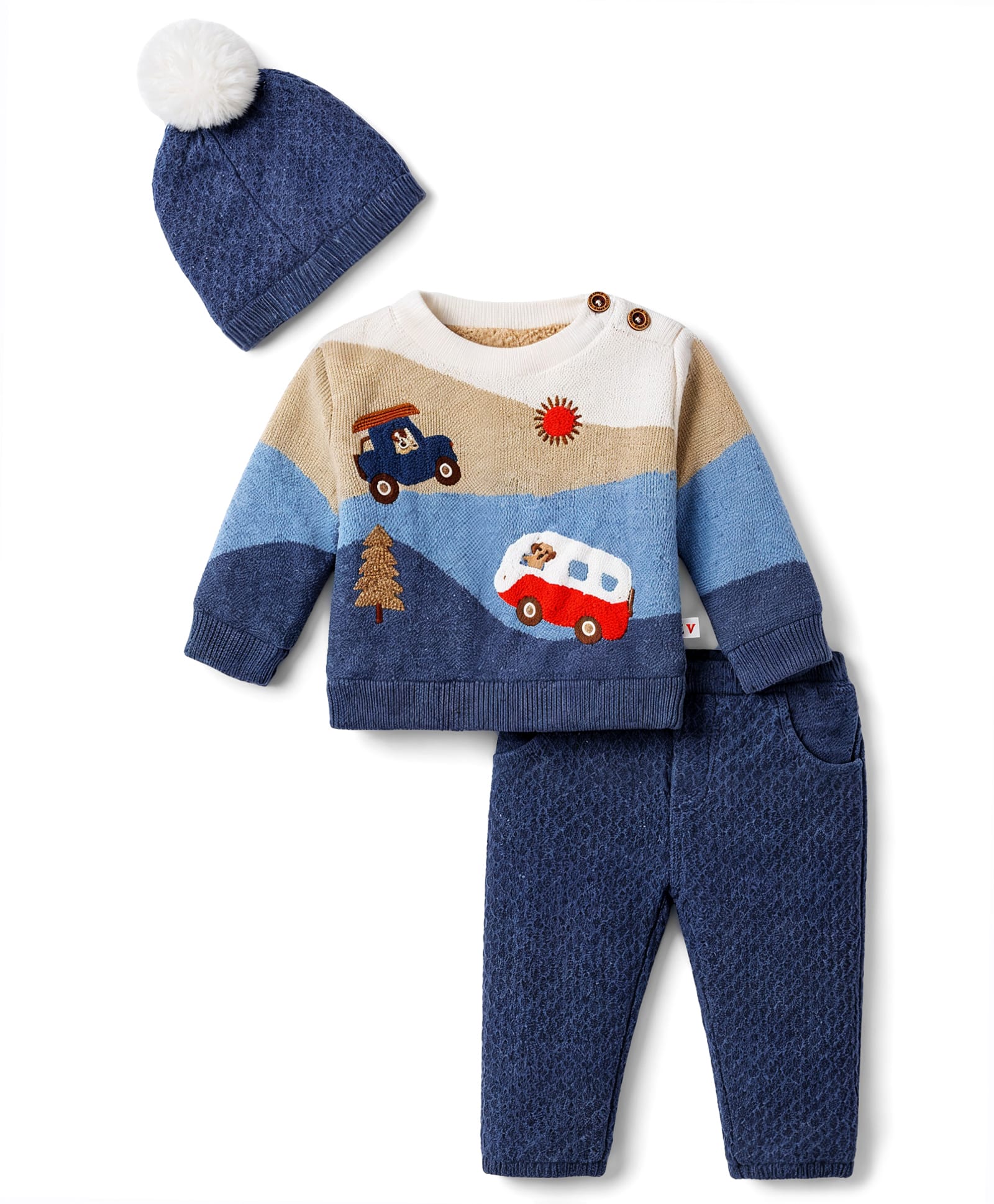Yellow Apple Knit Full Sleeves Sweater Set & Cap with Car Design- Blue-picture-17
