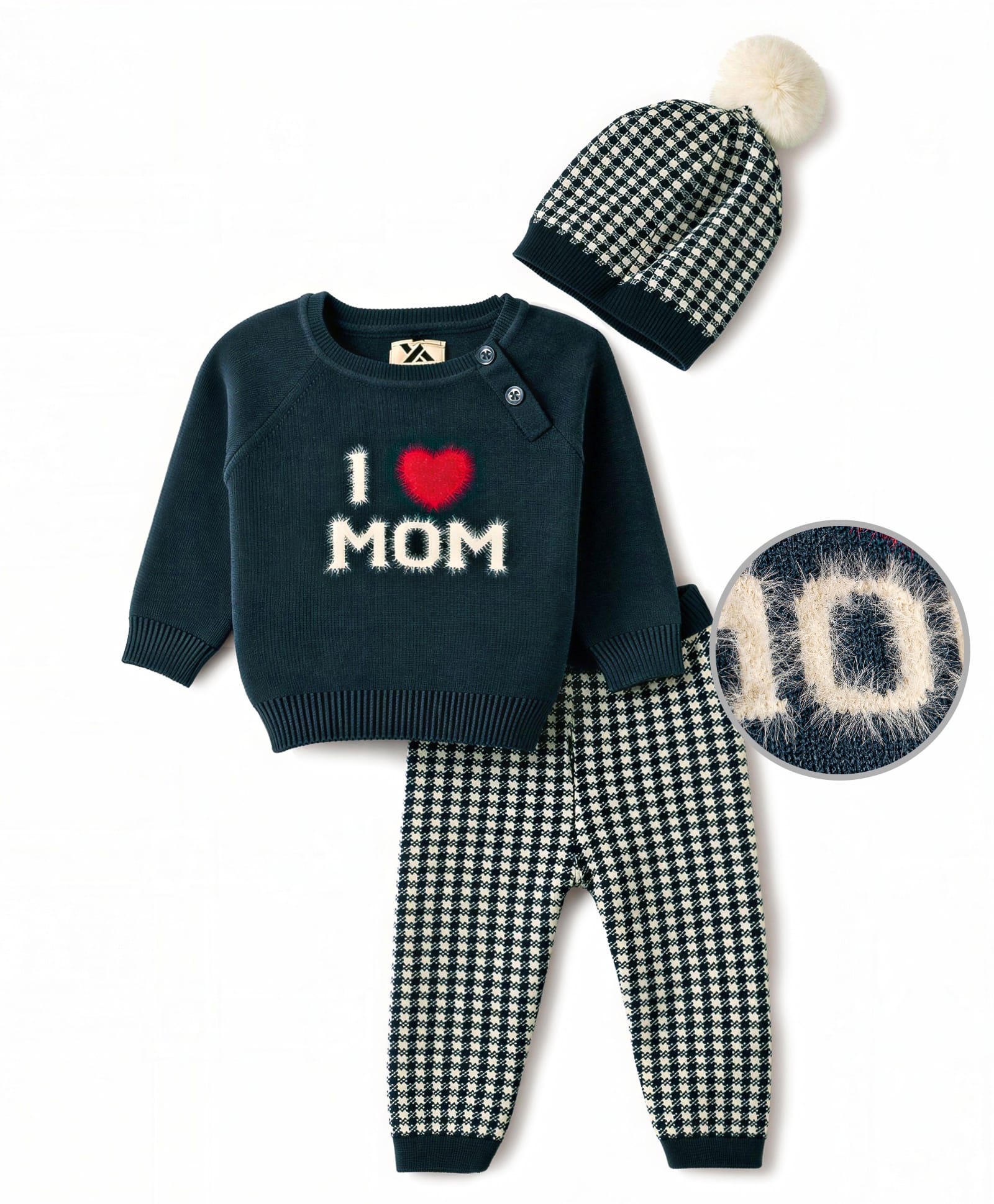 Yellow Apple Knit Full Raglan Sleeves Text Designed Sweater Sets with Cap & Checks- Navy-image-38