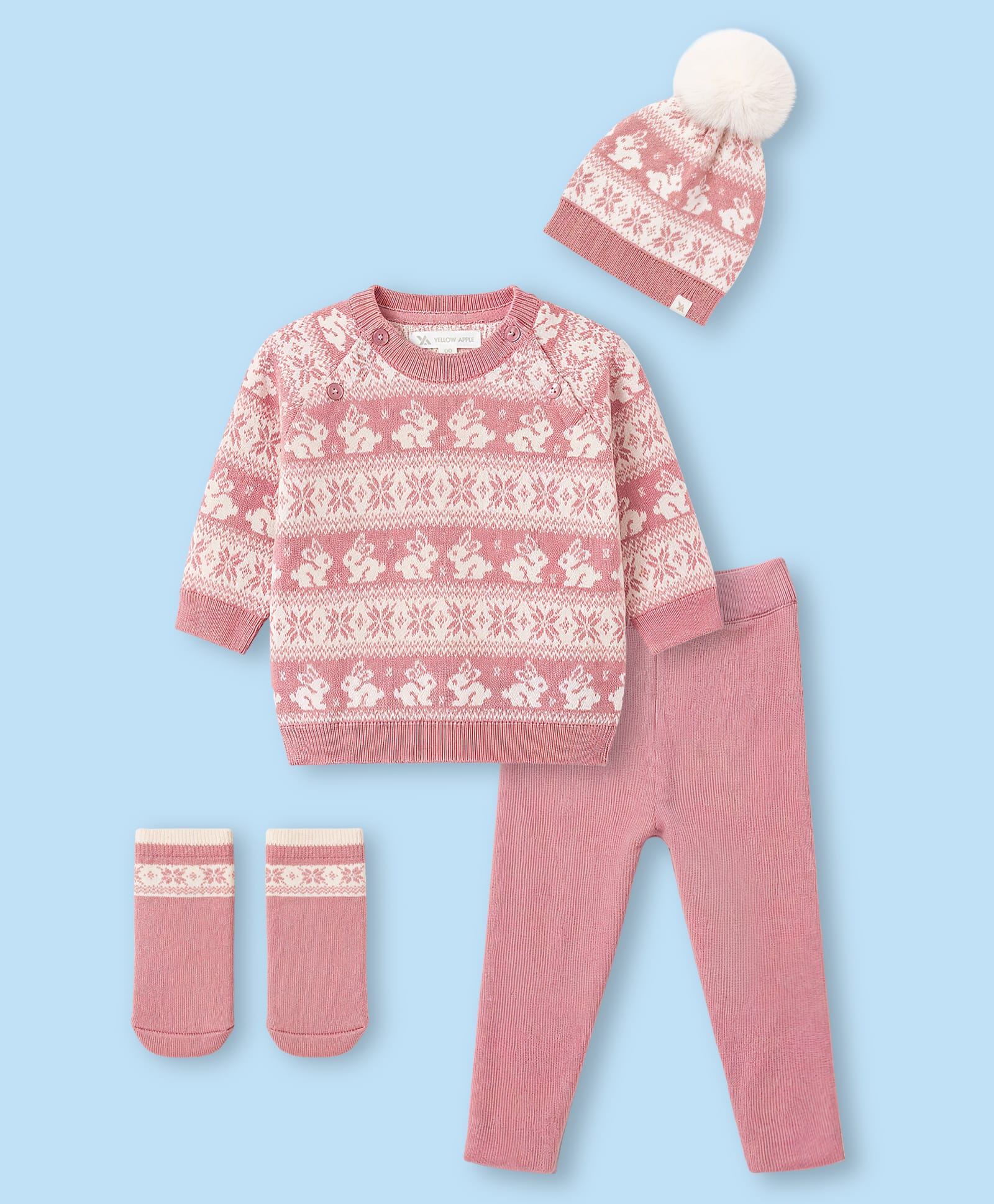 Yellow Apple Knit Full Raglan Sleeves Bunny & Floral Designed Sweater Set with Cap & Booties - Pink-image-11
