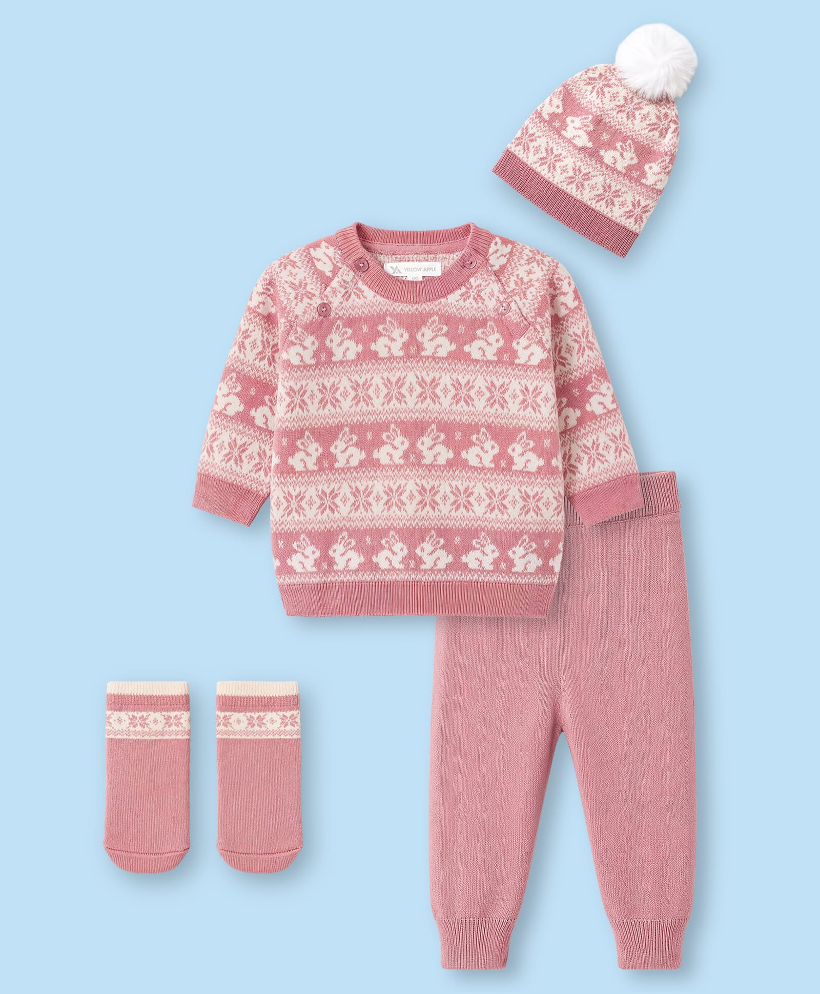 Yellow Apple Knit Full Raglan Sleeves Sweater Set & Cap with Bunny & Floral Design- Pink-picture-15