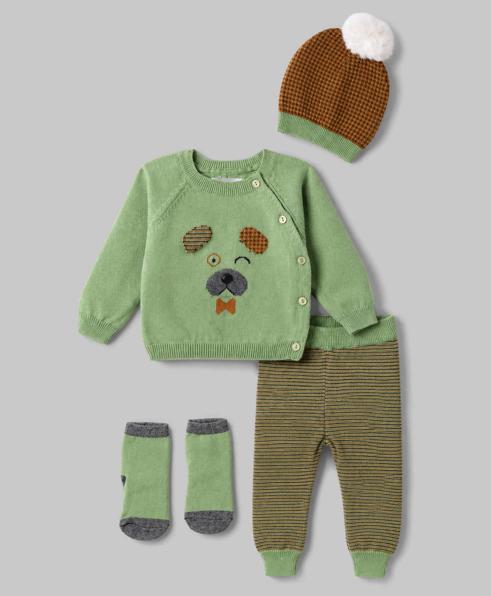 Yellow Apple Knit Full Raglan Sleeves Bear Designed Sweater Sets with Cap & Mittens- Light Green-picture-13