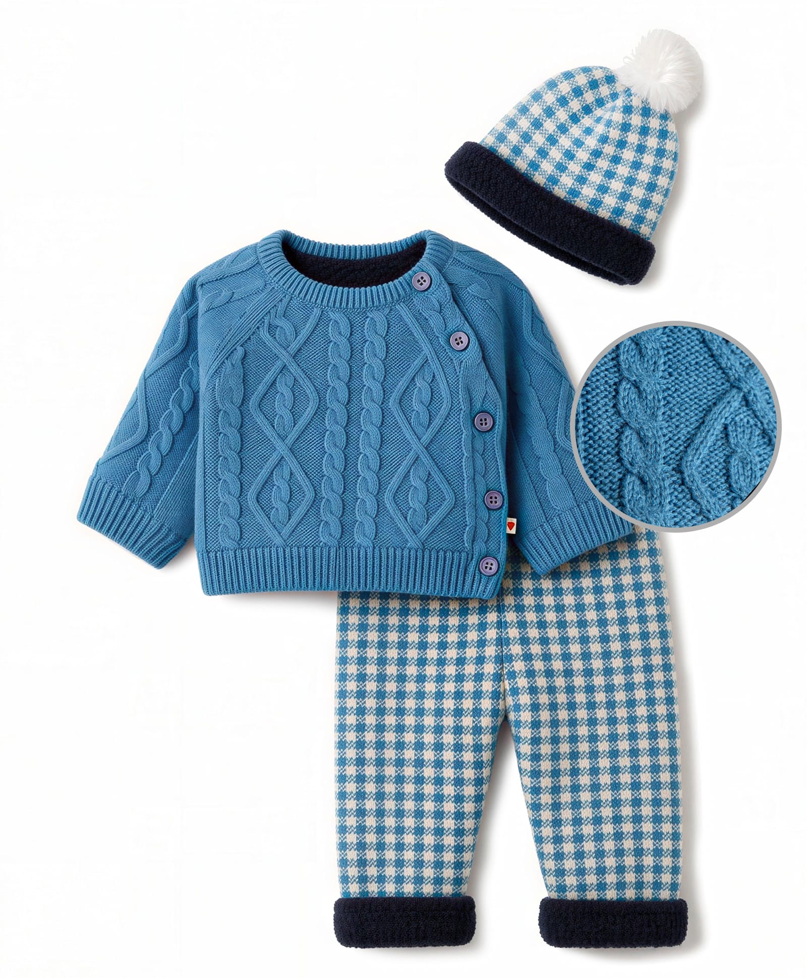 Yellow Apple Knit Full Raglan Sleeves Cable Knit Designed Sweater Sets with Cap & Checks - Blue-picture-26