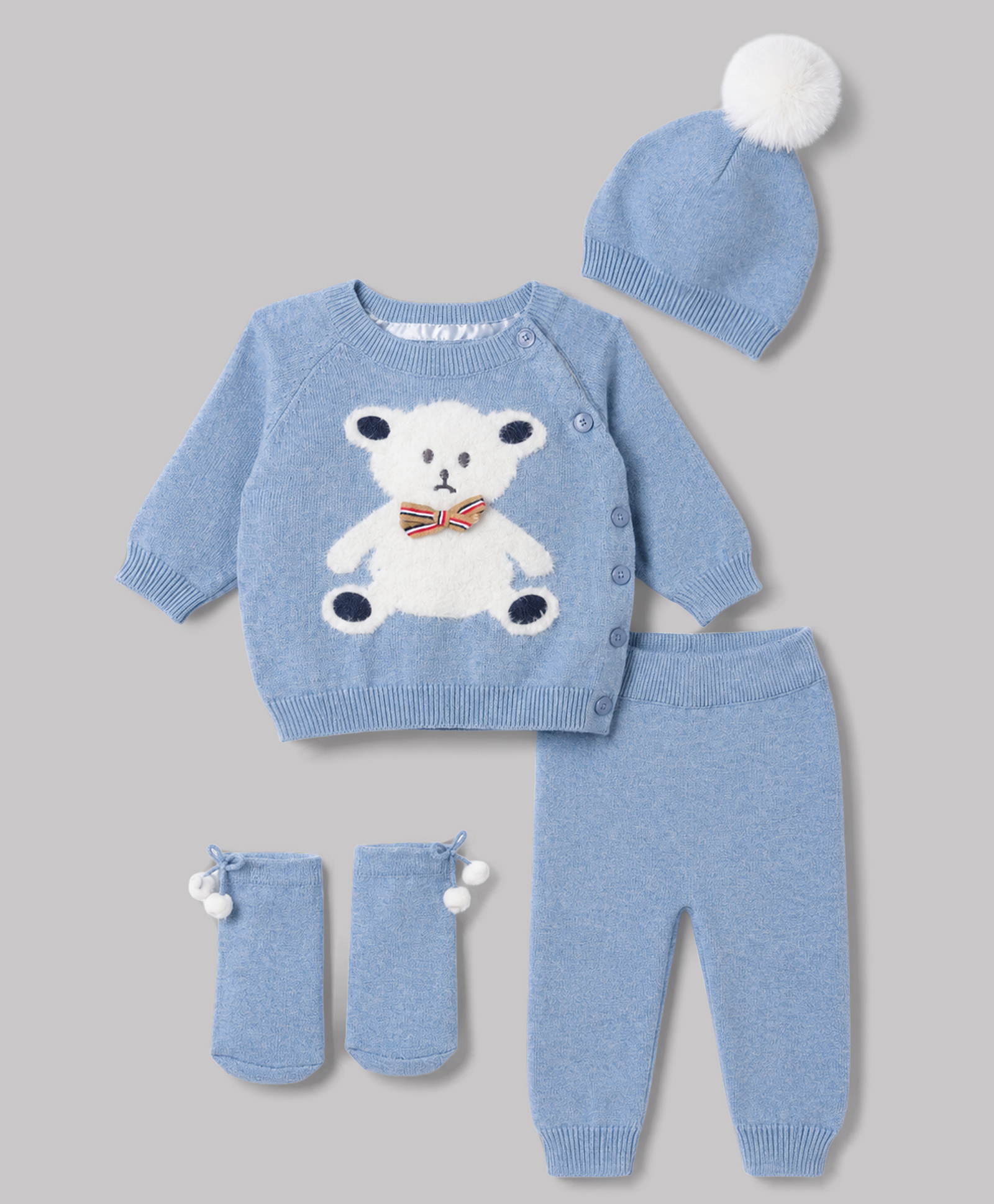 Yellow Apple Knit Full Sleeves Bear Designed Baby Sweater Set with Caps & Booties - Light Blue-image-21
