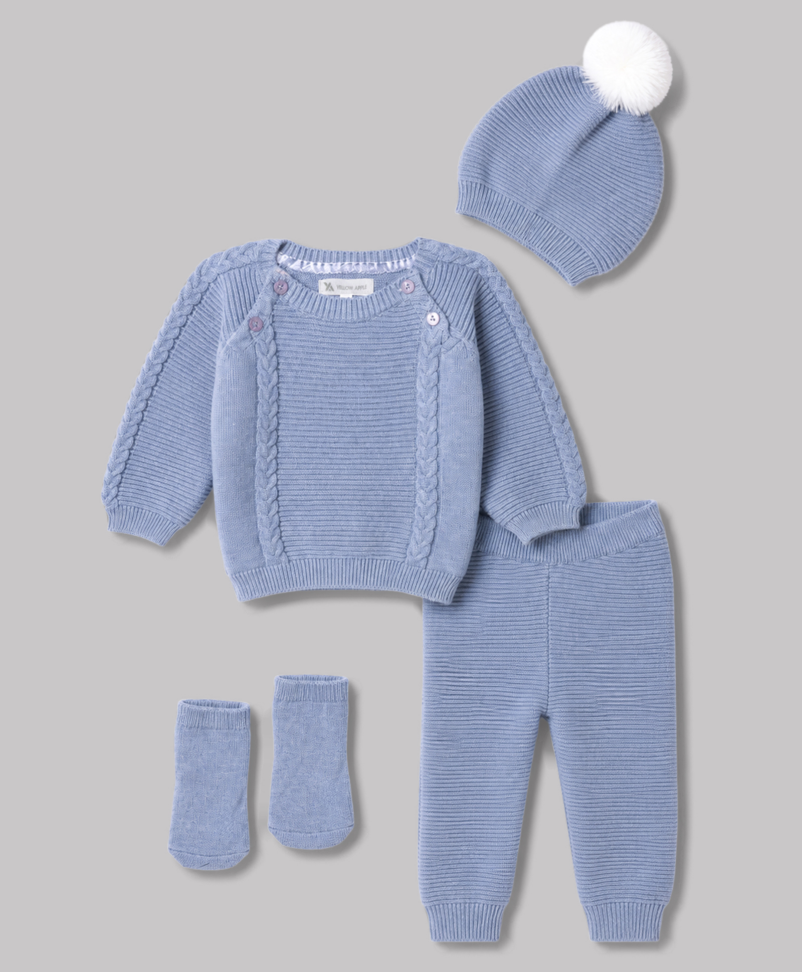 Yellow Apple Knit Full Raglan Sleeves Cable Knit Designed Sweater Sets with Cap & Mittens -Light Blue-picture-37
