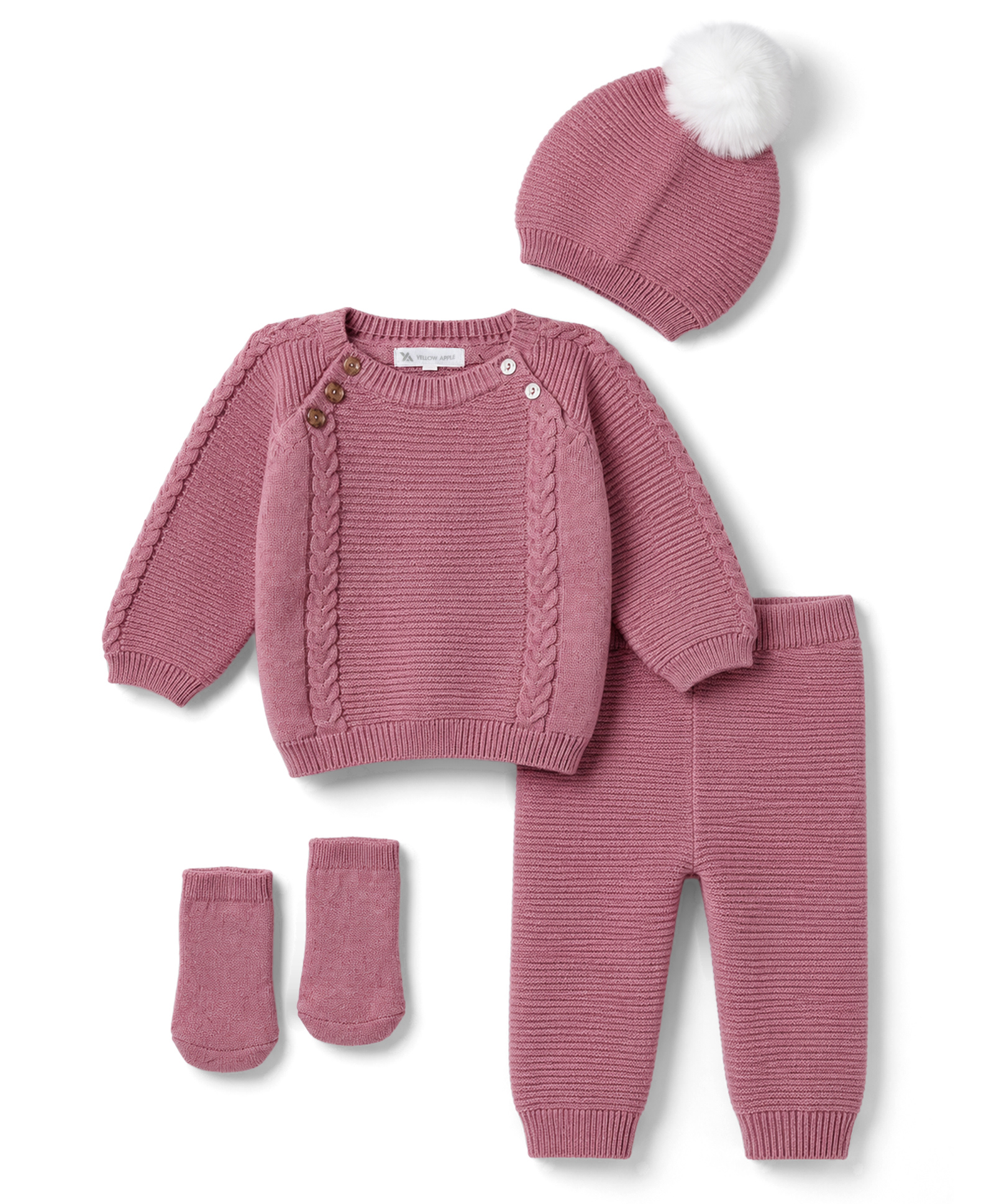 Yellow Apple Knit Full Raglan Sleeves Cable Knit Designed Sweater Sets with Cap & Mittens - Rose Gold-picture-38