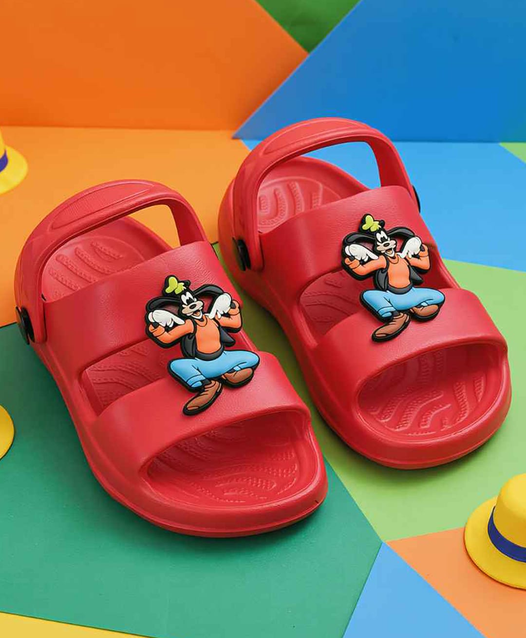 yellow bee disney mickey mouse & friends featuring goofy applique detailed slingback sandals - red