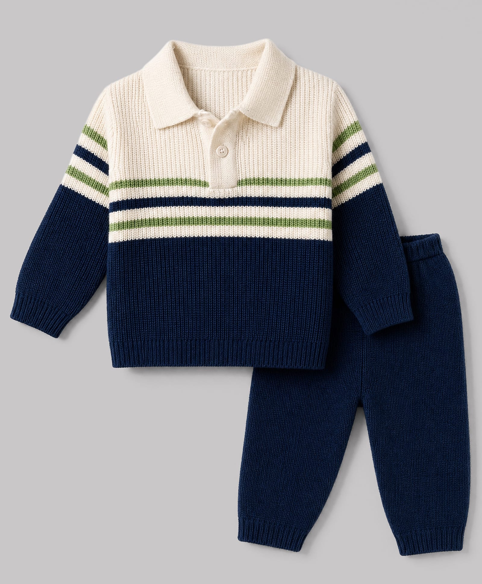 Babyhug Knit Full Sleeves Striped Sweater Set - White-picture-24