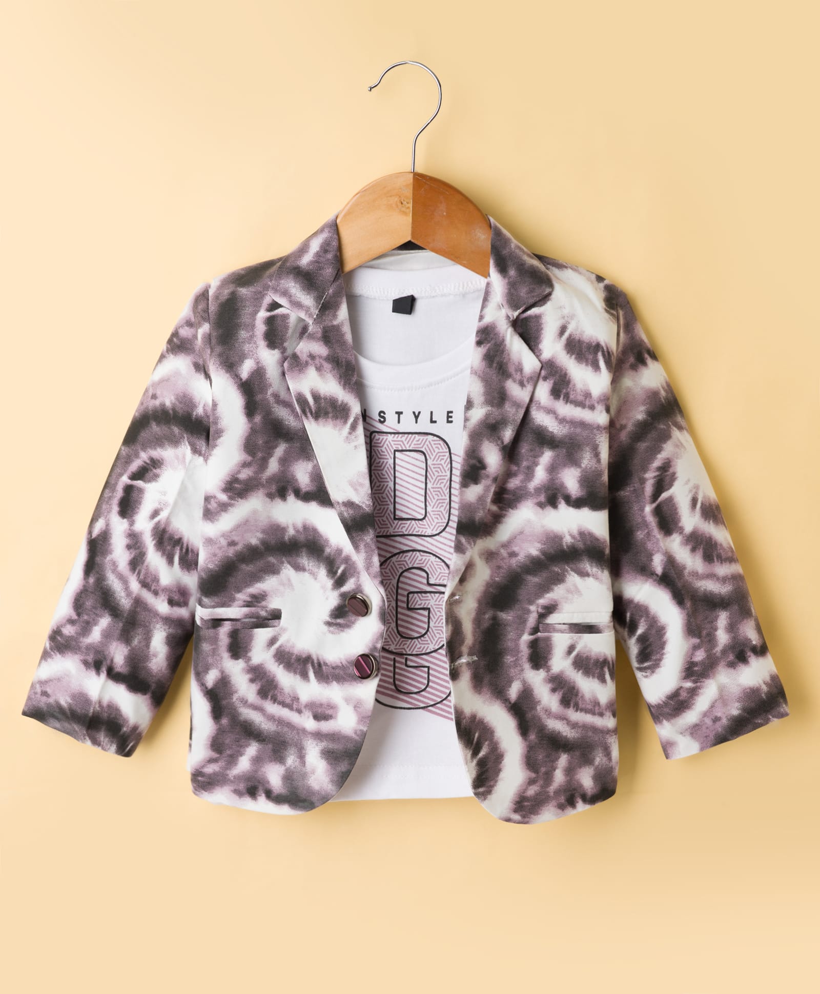 Radutu Cotton Woven Full Sleeves Tie & Dye Effect Party Blazer & T-Shirt With Text Print - White & Purple-picture-24
