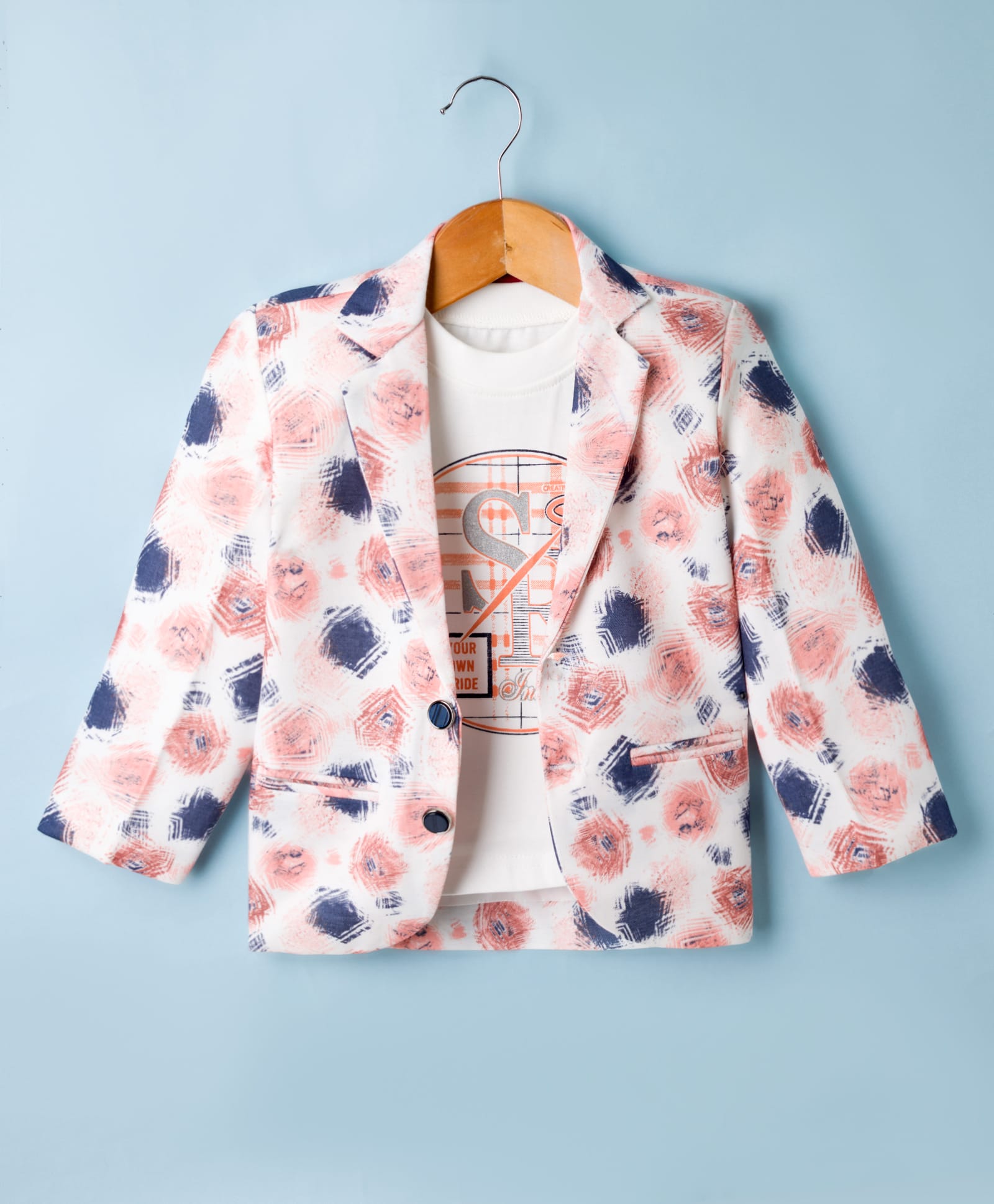 Radutu Cotton Woven Full Sleeves Party Blazer & T-Shirt With Text Print - White & Peach-picture-10
