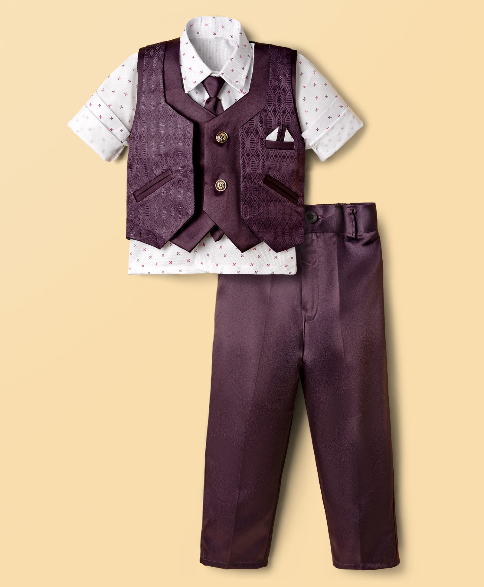 Radutu Cotton Woven Full Sleeves 3 Piece Party Suit With Tie - Wine-image-12