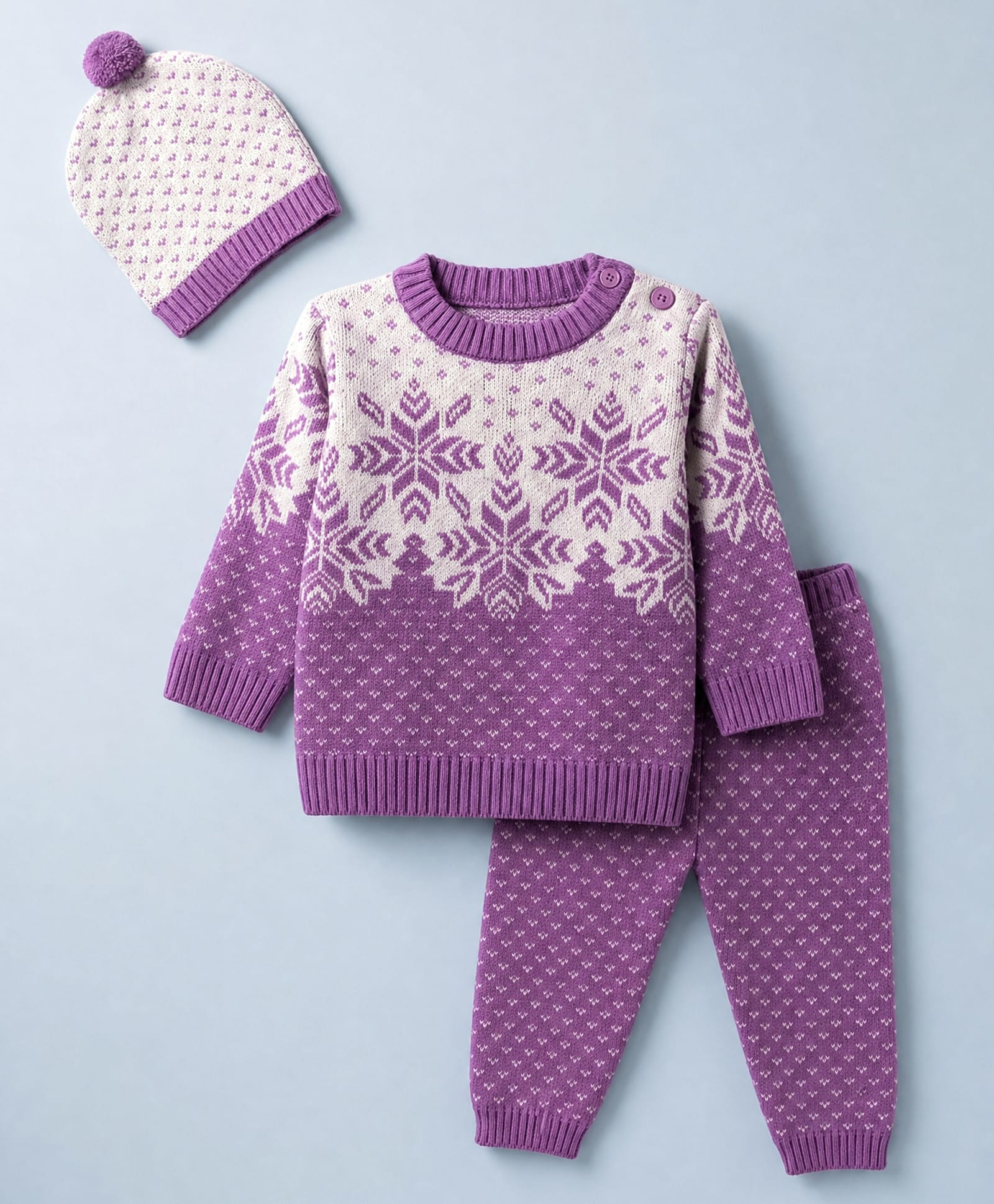 Babyhug Knit Full Sleeves Floral Design Sweater Set with Cap - Purple-picture-24