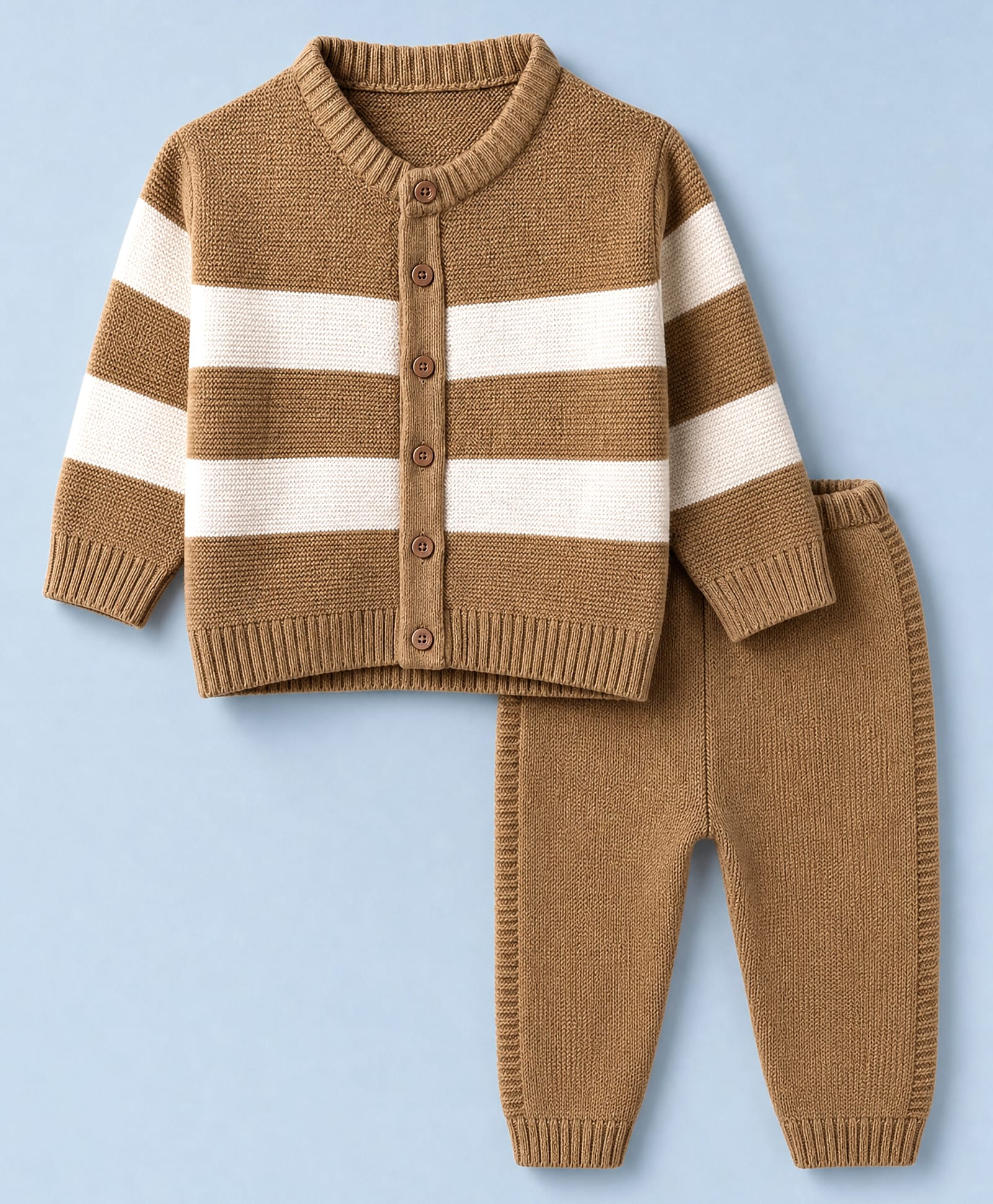 Babyhug Knit Full Sleeves Striped Sweater Set - Beige-image-32