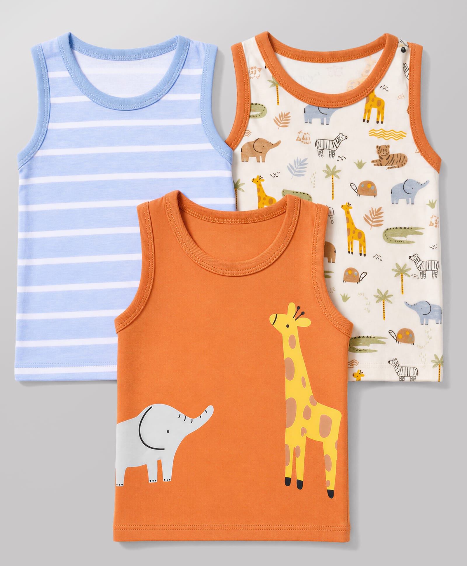 Babyhug 100% Cotton Single Jersey Knit Sleeveless Antibacterial Striped Sando With Animal Print Pack of 3 - Orange, Light Blue & White-picture-22