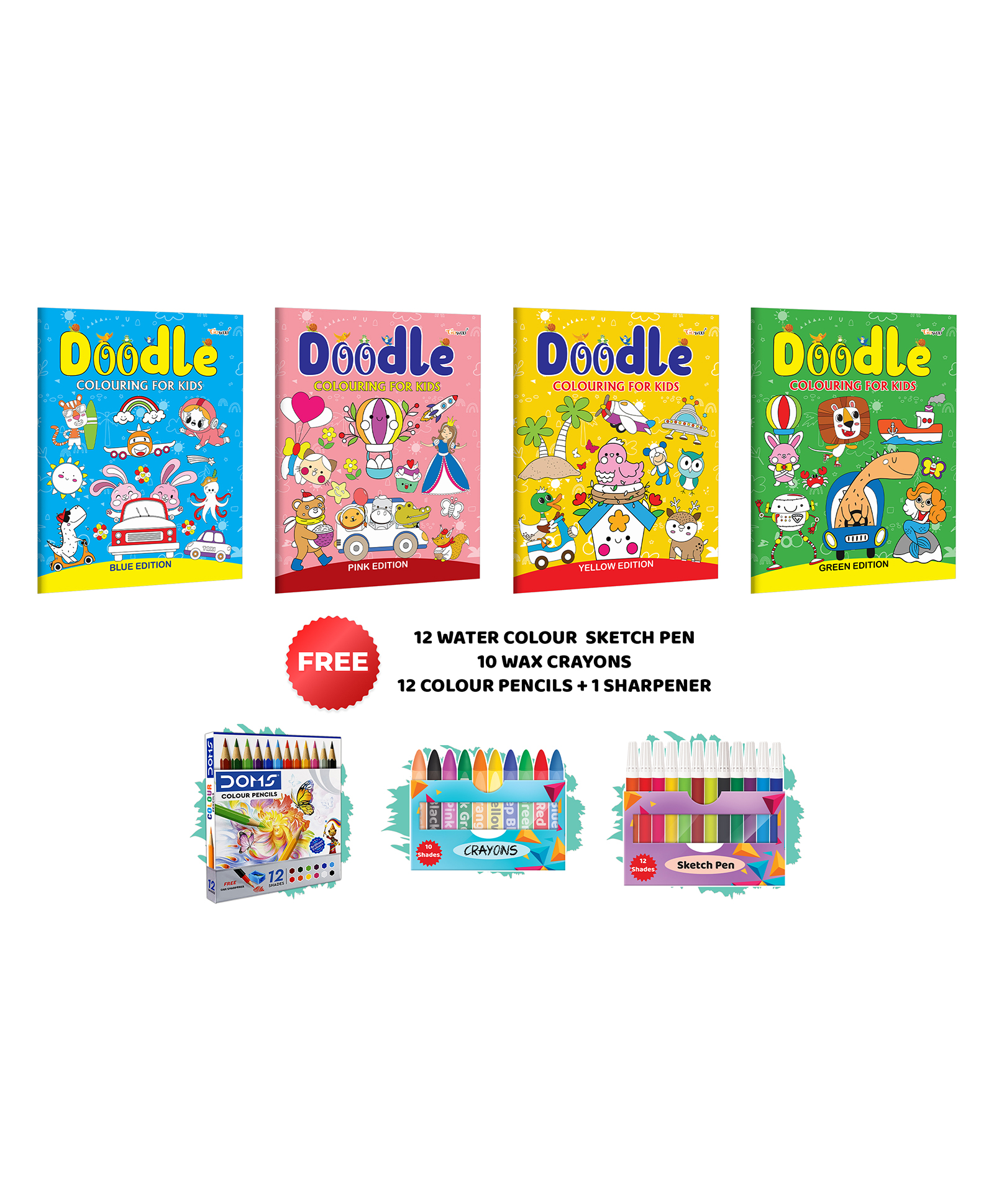 Doodle Colouring Book for kids Edition with 10 wax crayons,12 water colour sketch pen &12 colour pencil+Sharpner:Kids colouring book for Young Minds Pack of 4 Colouring Books -English-image-14