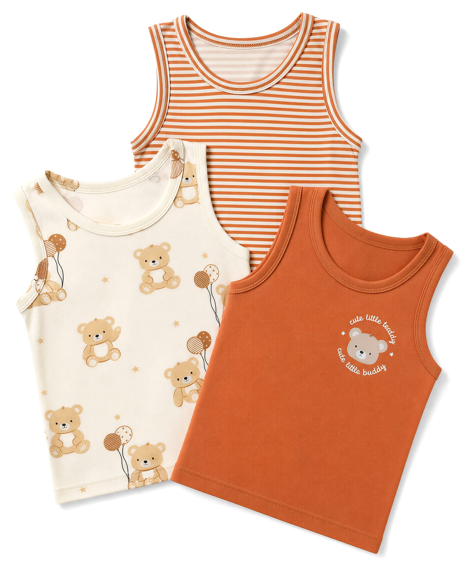 Babyhug 100% Cotton Single Jersey Knit Sleeveless Antibacterial Striped Sando With Teddy Print Pack of 3 - OffWhite, Orange & Rust Orange-picture-16