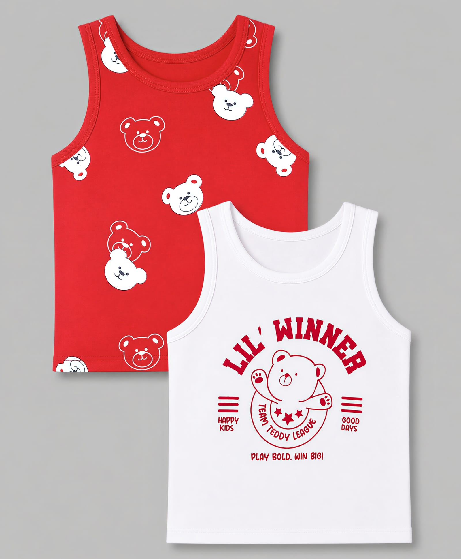 Doodle Poodle 100% Cotton Single Jersey Knit Sleeveless Vest with Bear Print Pack of 2- Red & White-picture-32