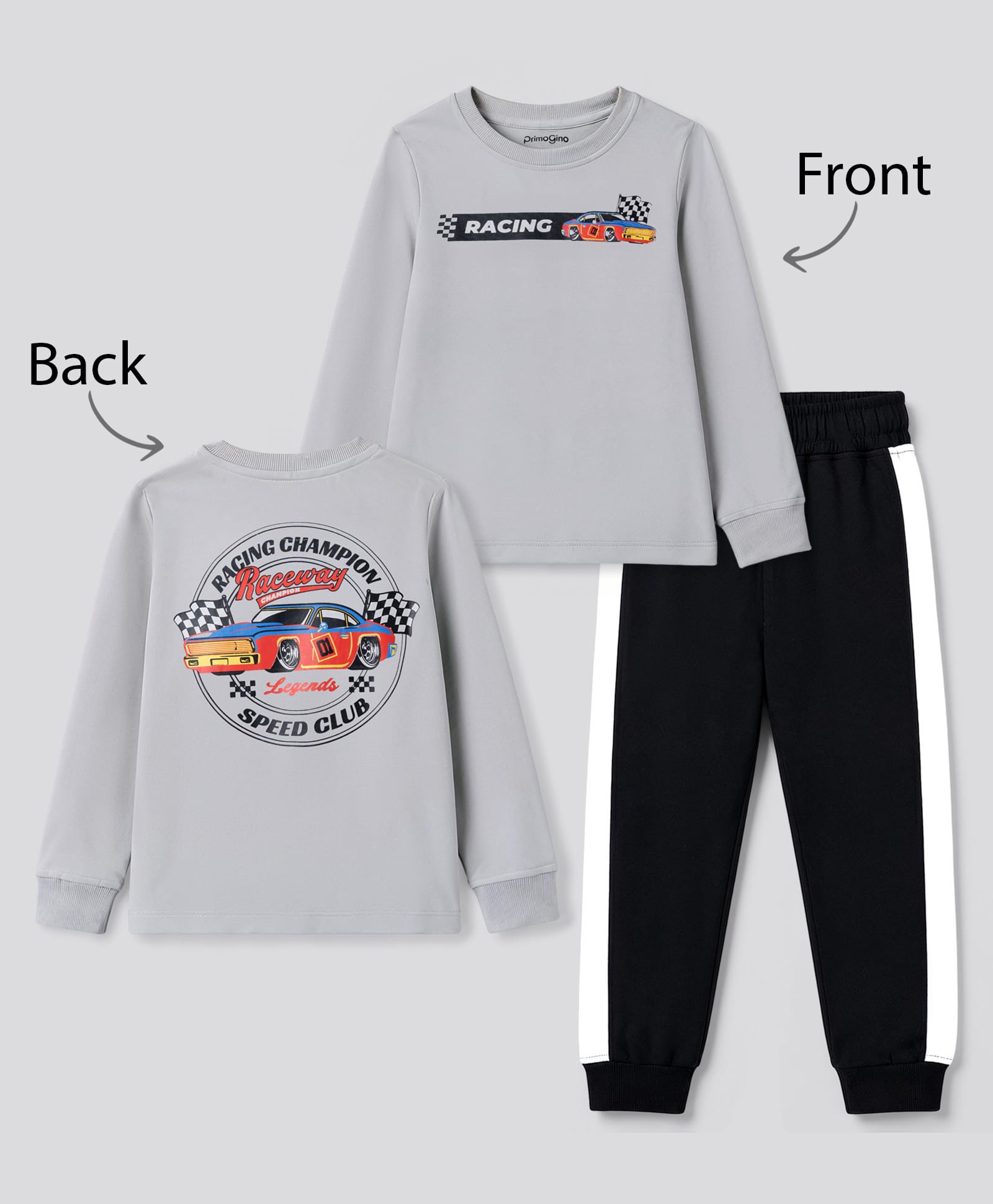 Primo Gino Cotton Knit Full Sleeves T-Shirt & Pajama Night Suit With Chest & Back Racing Car Print - Grey-picture-34