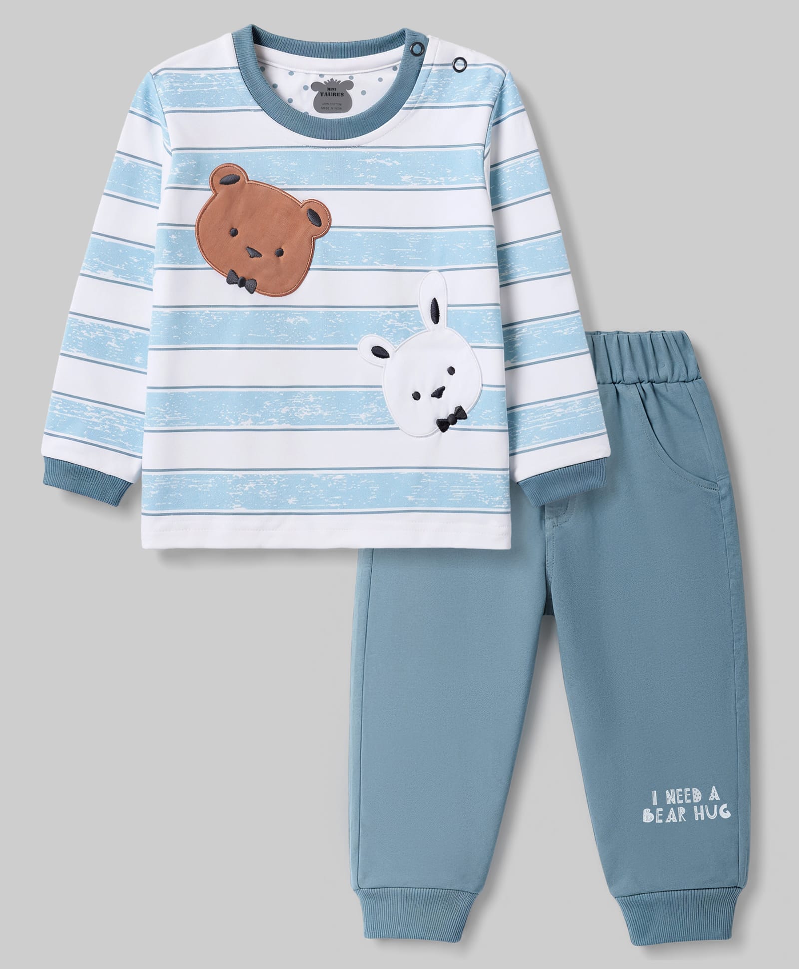 Mini Taurus Interlock Knit Full Sleeves Striped T-Shirt & Pajama Night Suit with Bear Face Patch - Grey-picture-34
