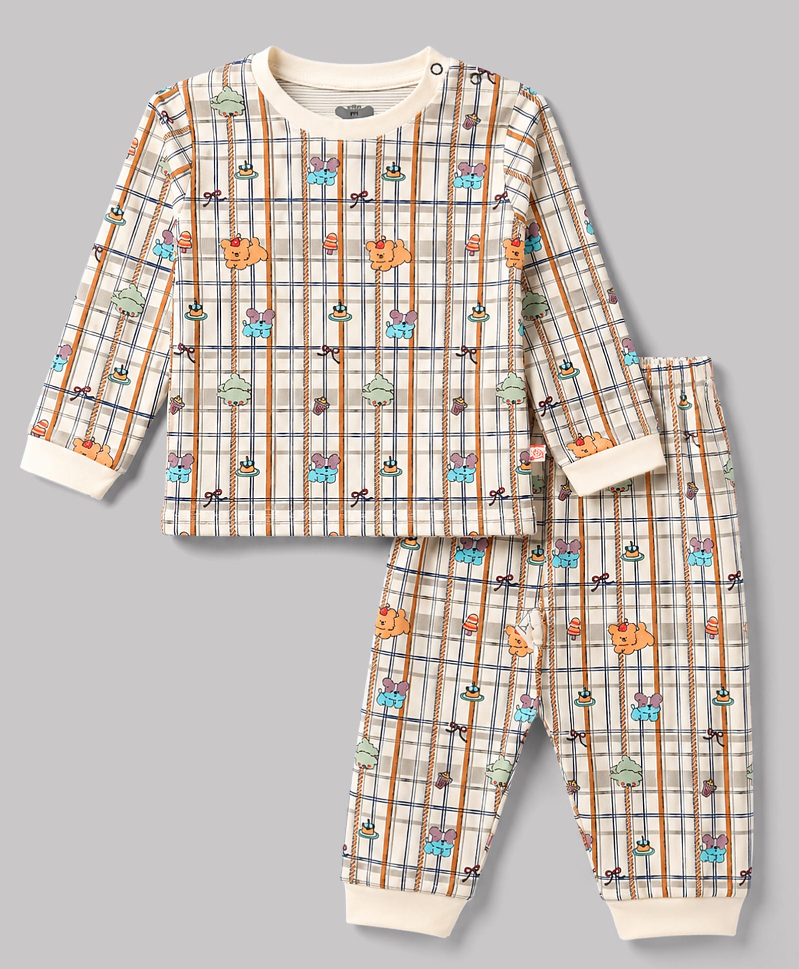 Mini Taurus Interlock Knit Full Sleeves T-Shirt & Pyjama Co-ords Night Suit With Animal Print - Brown-picture-33