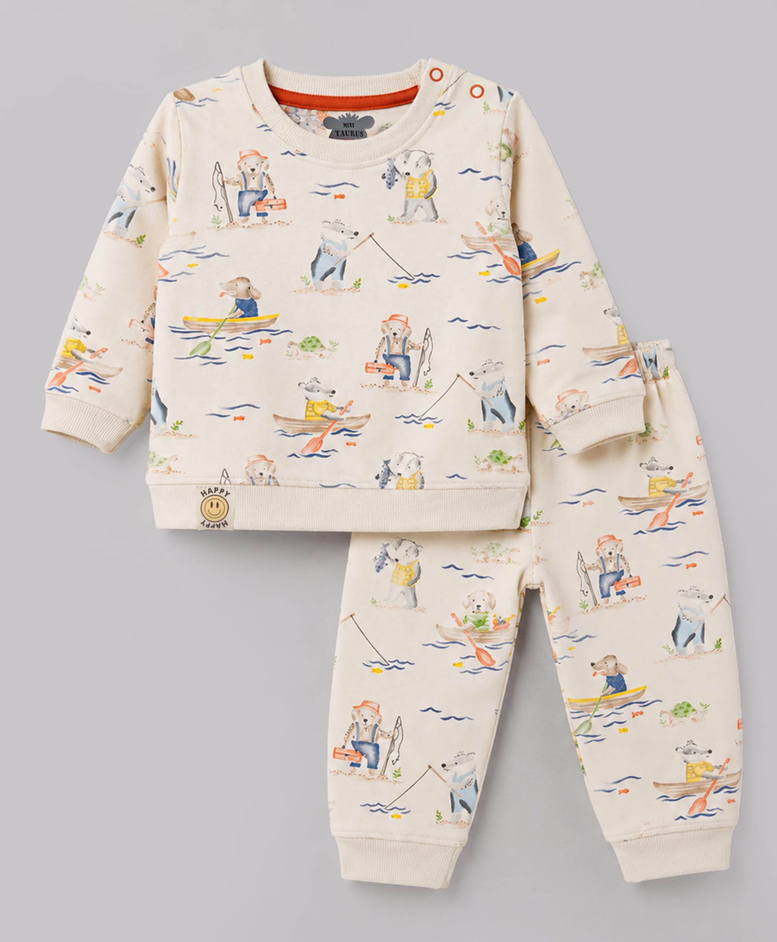 Mini Taurus Interlock Knit Full Sleeves Co-ords T-Shirt & Pajama Night Suit Bear Print - Cream-image-48