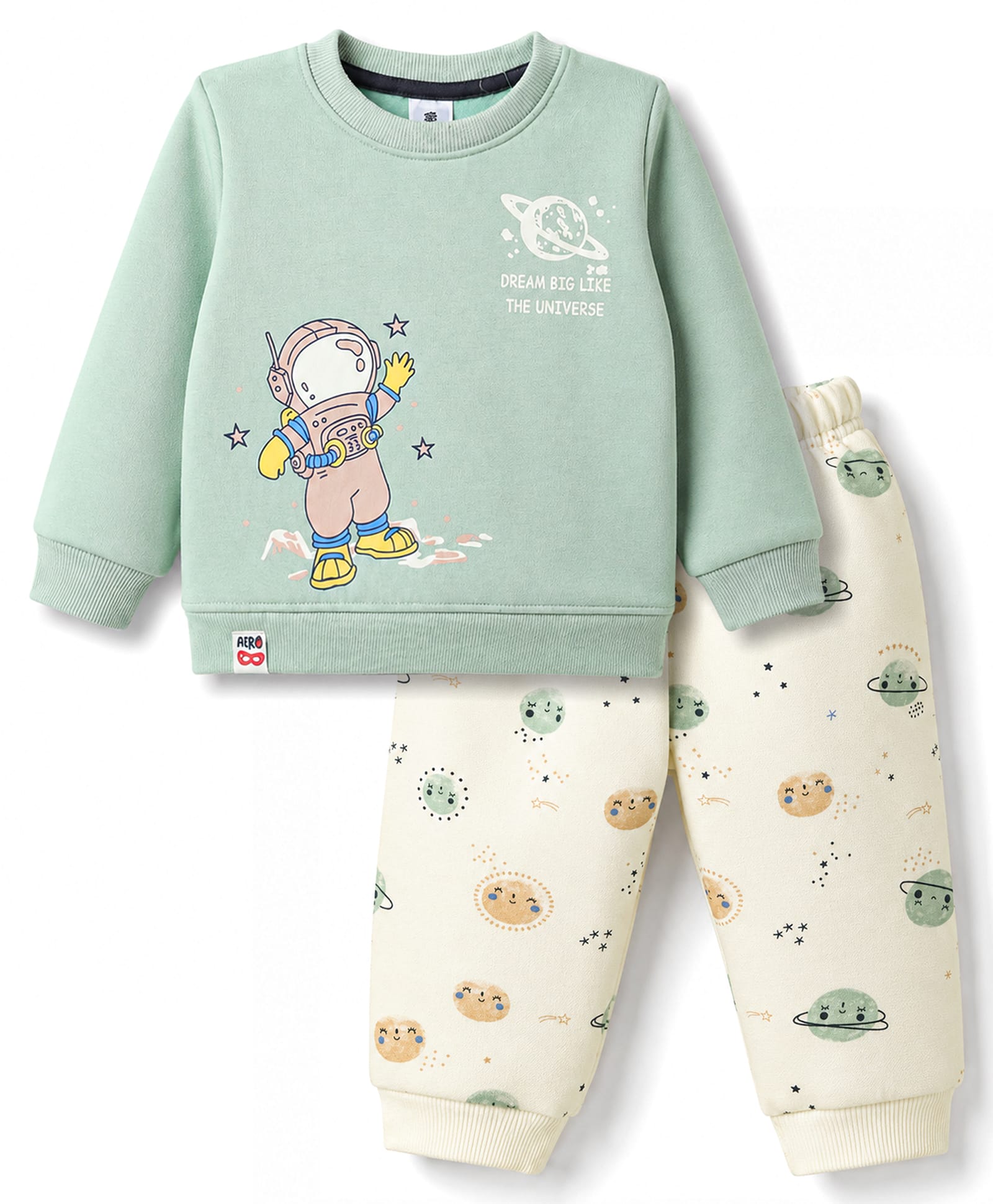 Mini Taurus Fleece Knit Full Sleeves Winter Wear T-Shirt & Lounge Pant Set Astronaut Print - Green-picture-42