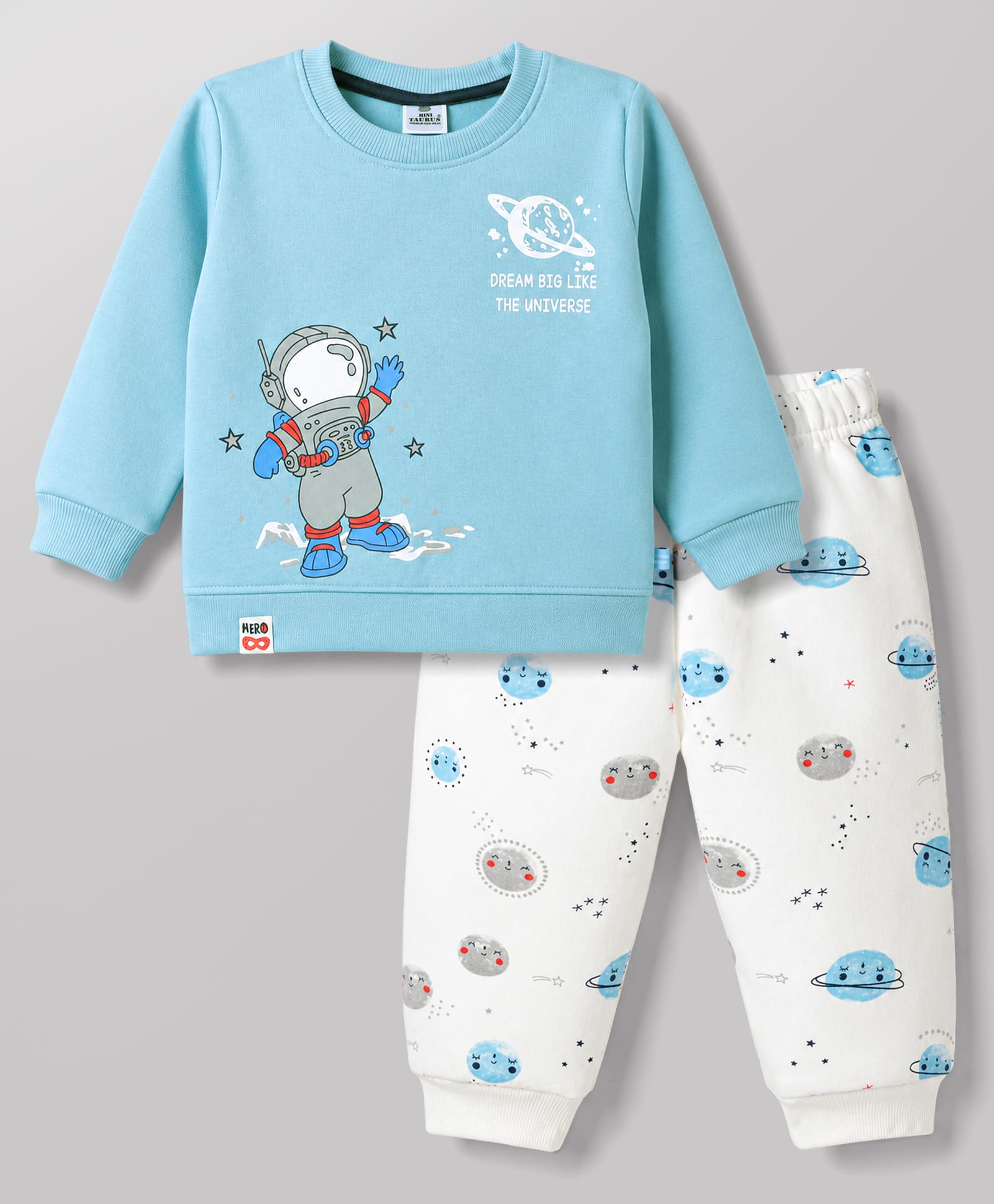 Mini Taurus Fleece Knit Full Sleeves Winter Wear T-Shirt & Lounge Pant Set Astronaut Print - Blue-picture-42