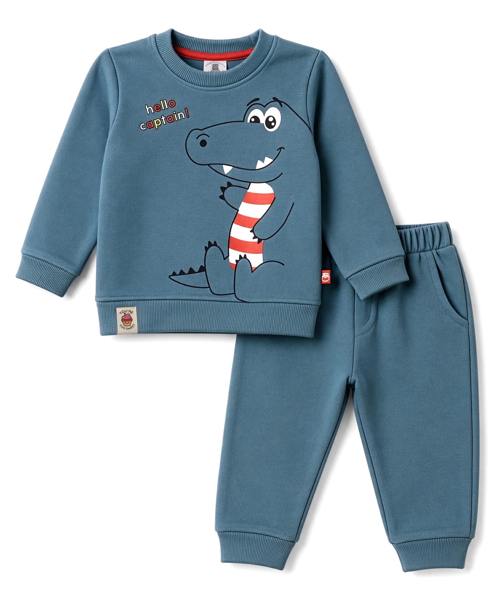 Mini Taurus Fleece Knit Full Sleeves Winter Wear T-Shirt & Lounge Pant Set Crocodile Print - Teal Blue-image-6