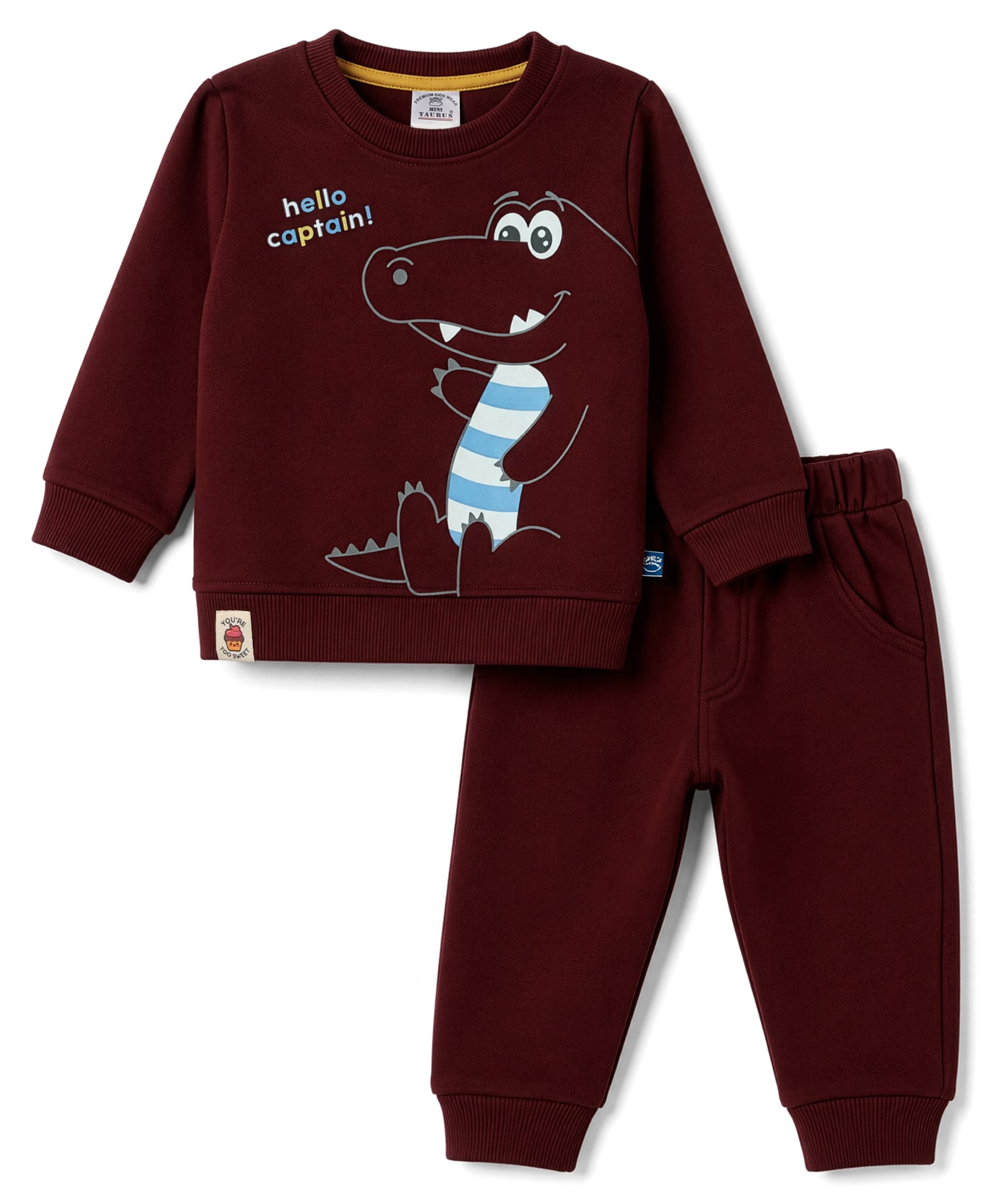 Mini Taurus Fleece Knit Full Sleeves Winter Wear T-Shirt & Lounge Pant Set Crocodile Print - Maroon-image-28