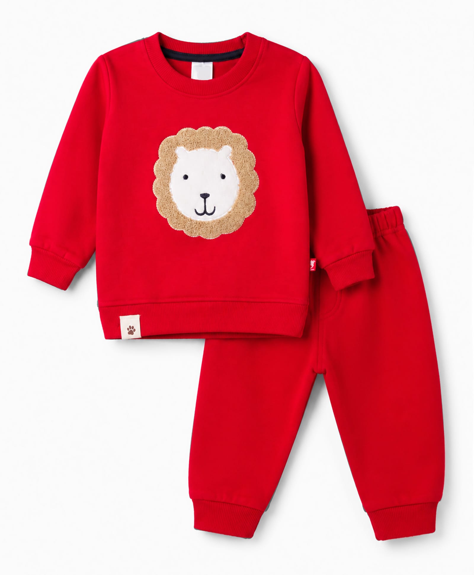 Mini Taurus Fleece Knit Full Sleeves Winter Wear T-Shirt & Lounge Pant Set Lion Print - Red-picture-33