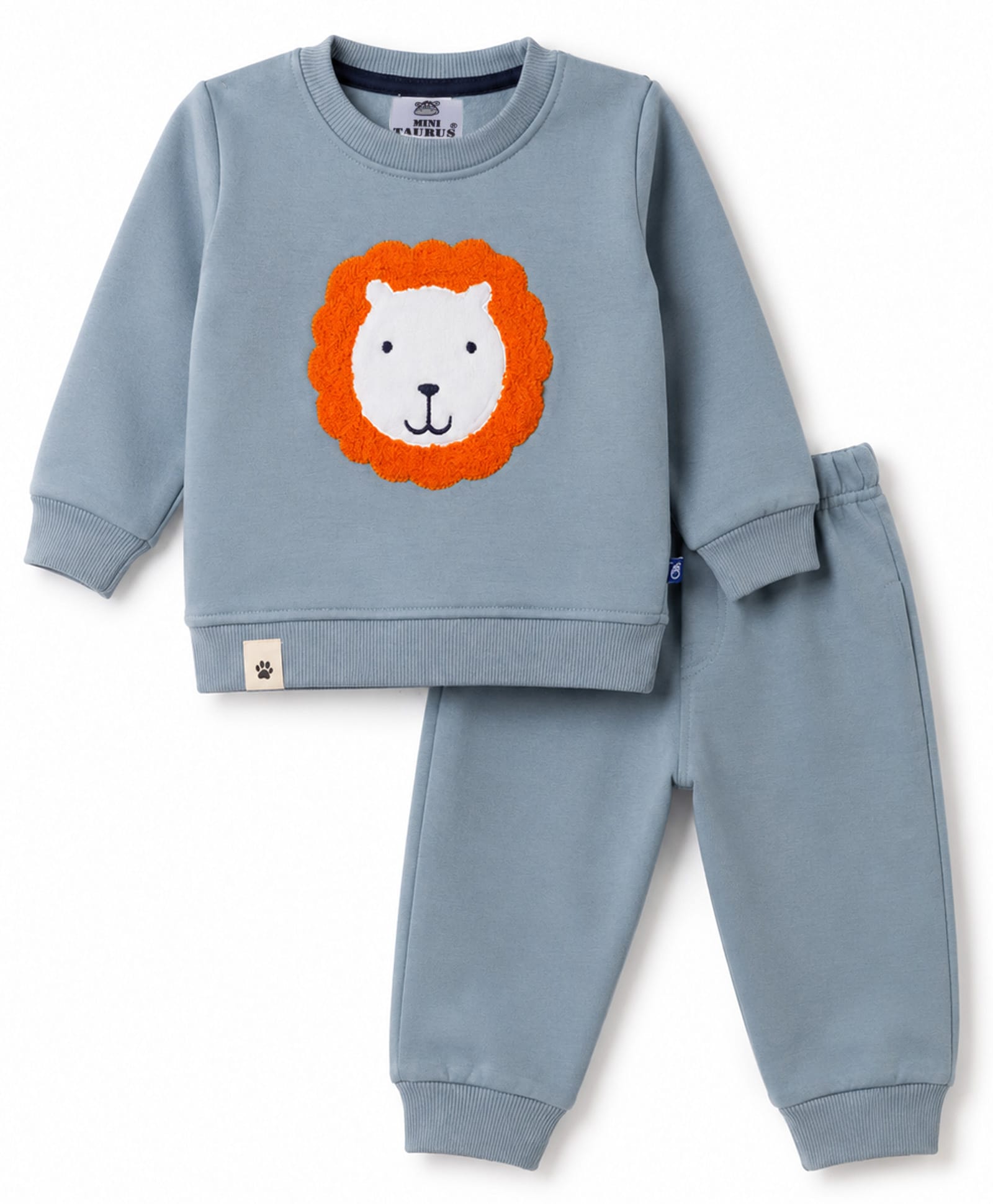 Mini Taurus Fleece Knit Full Sleeves Winter Wear T-Shirt & Lounge Pant Set Lion Print - Grey-image-24