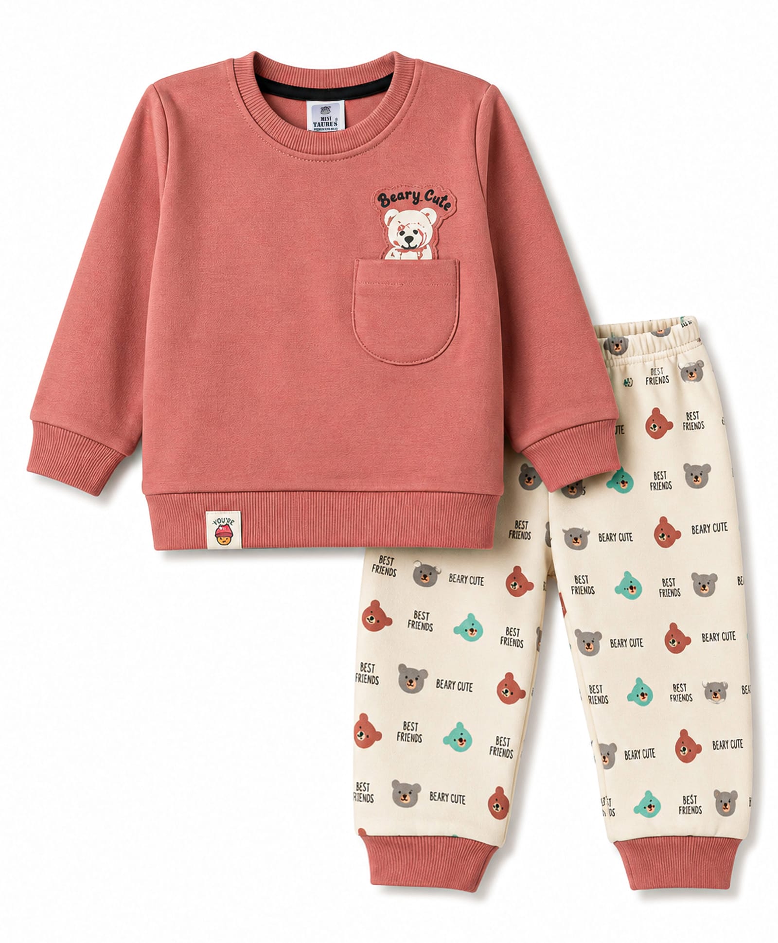 Mini Taurus Fleece Knit Full Sleeves T-Shirt & Pyjama Winter Night Suit with Bear Print - Rust Orange-picture-16