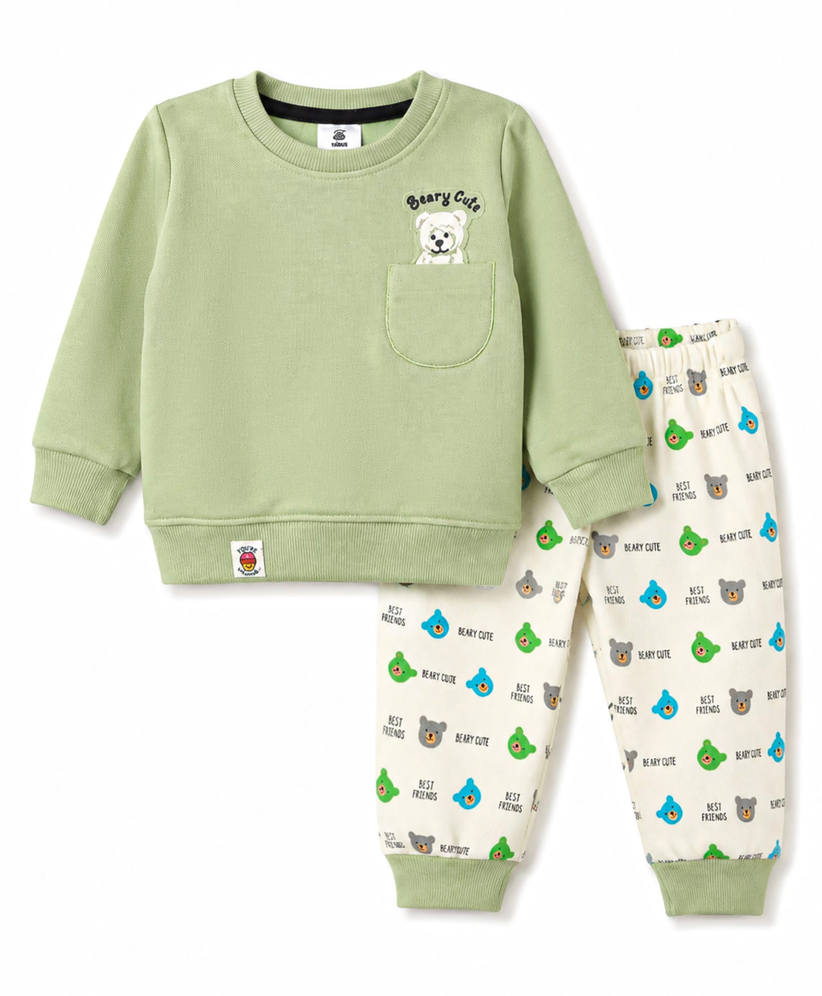 Mini Taurus Fleece Knit Full Sleeves T-Shirt & Pyjama Winter Night Suit with Bear Print - Green-picture-13