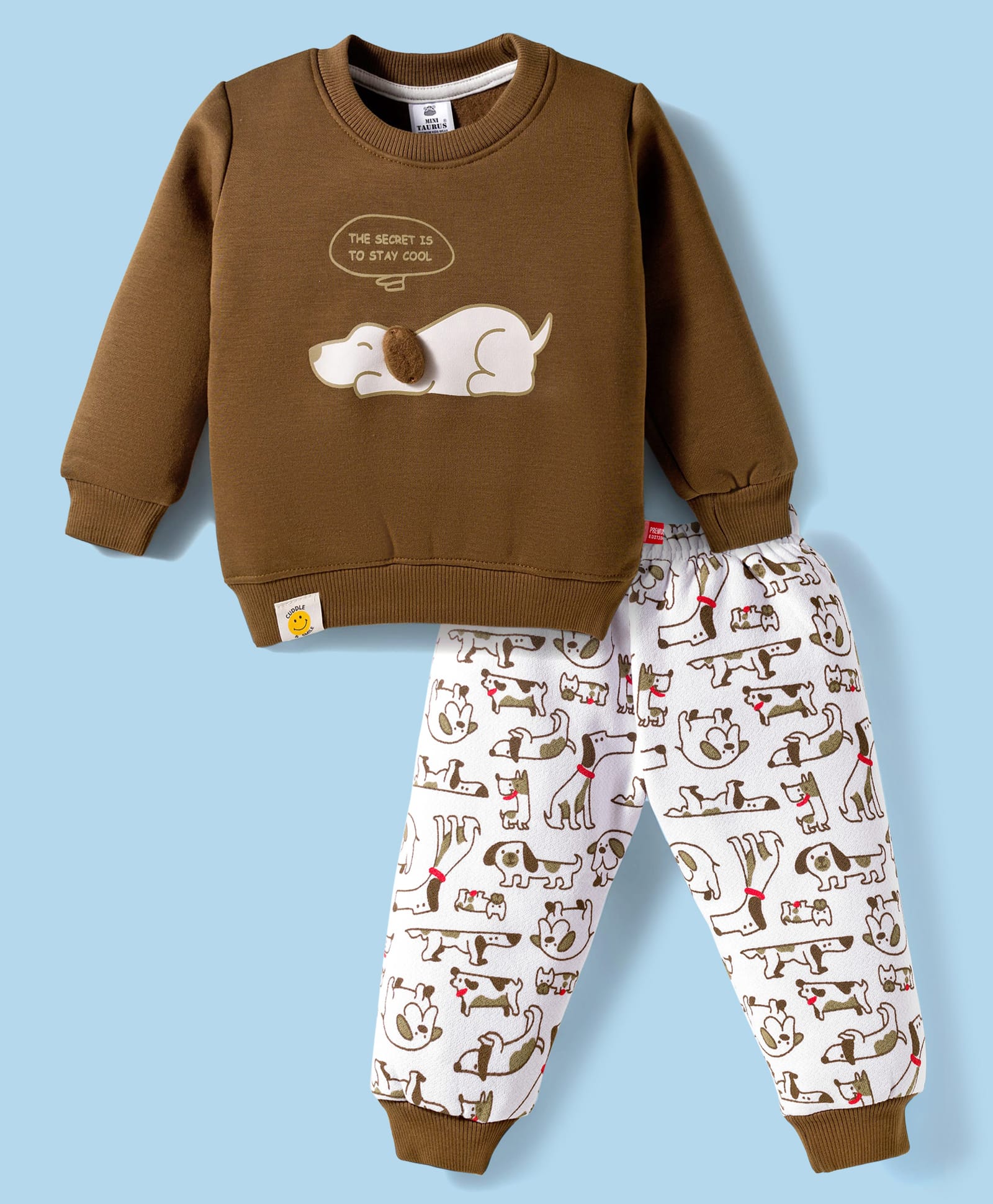 Mini Taurus Fleece Knit Full Sleeves T-Shirt & Pyjama Winter Night Suit with Puppy Print - Brown-picture-34