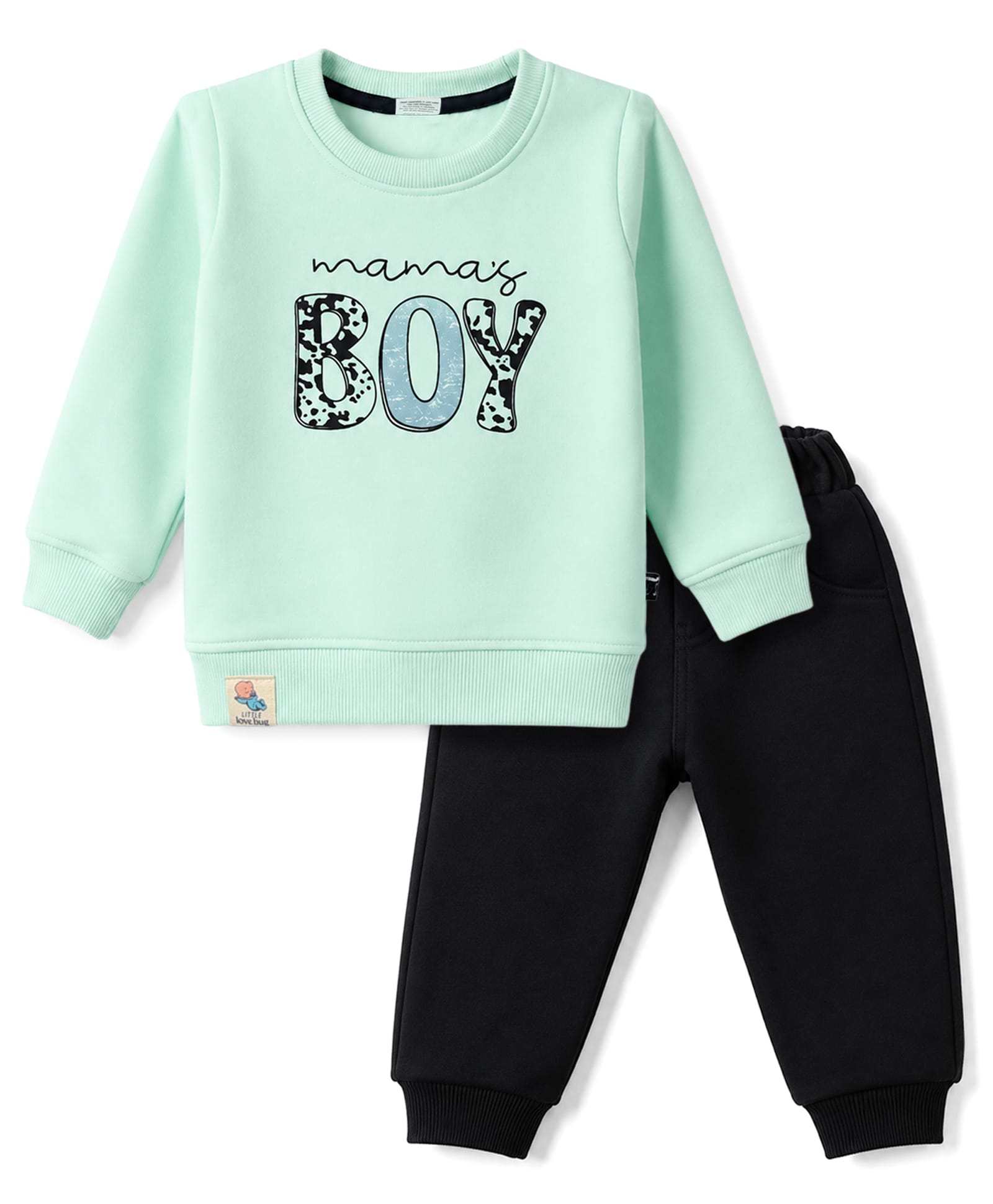 Mini Taurus Fleece Knit Full Sleeves Winter Wear T-Shirt & Lounge Pant Set Text Print - Mint Green-image-32