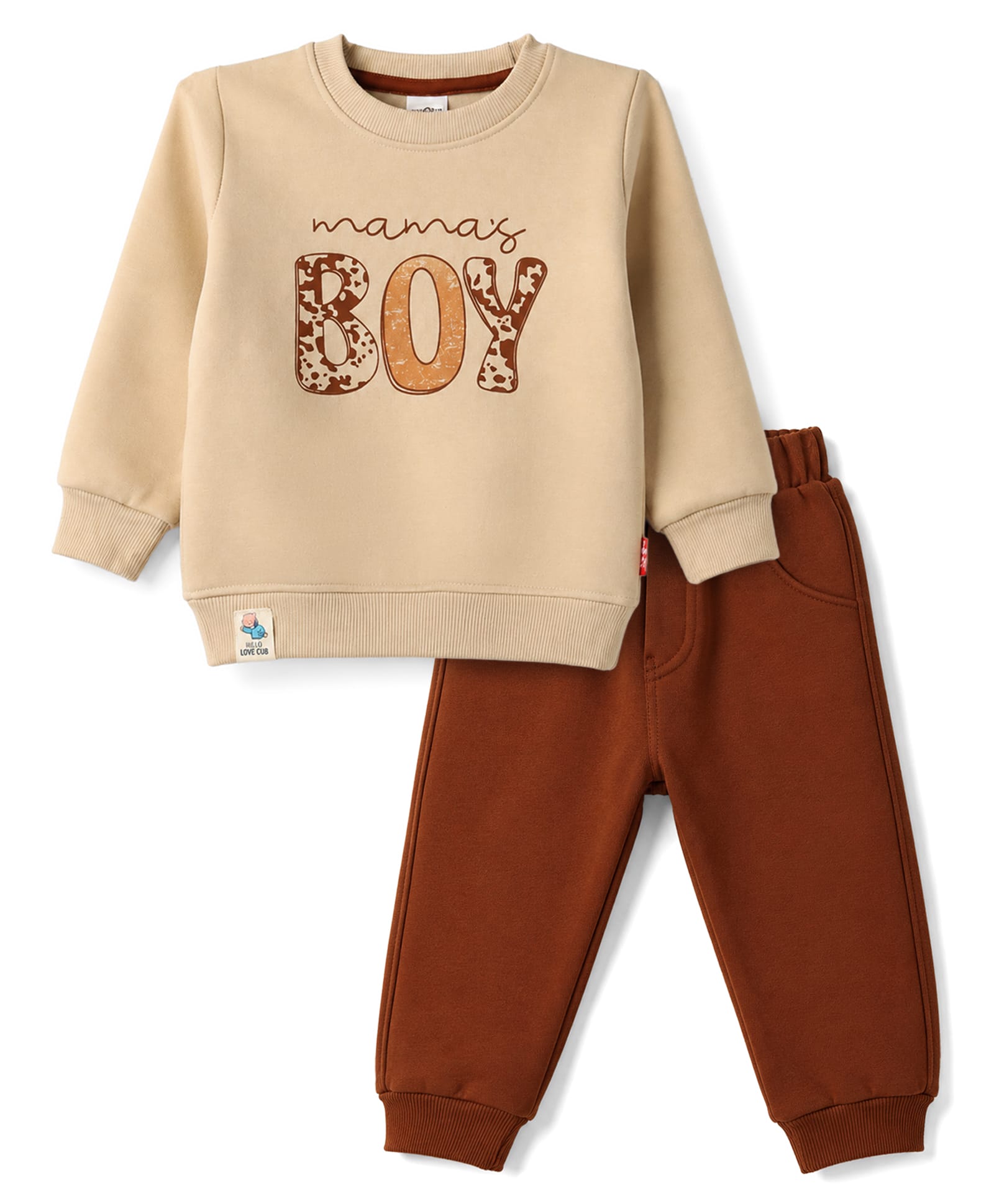 Mini Taurus Fleece Knit Full Sleeves Winter Wear T-Shirt & Lounge Pant Set Text Print - Beige-image-31
