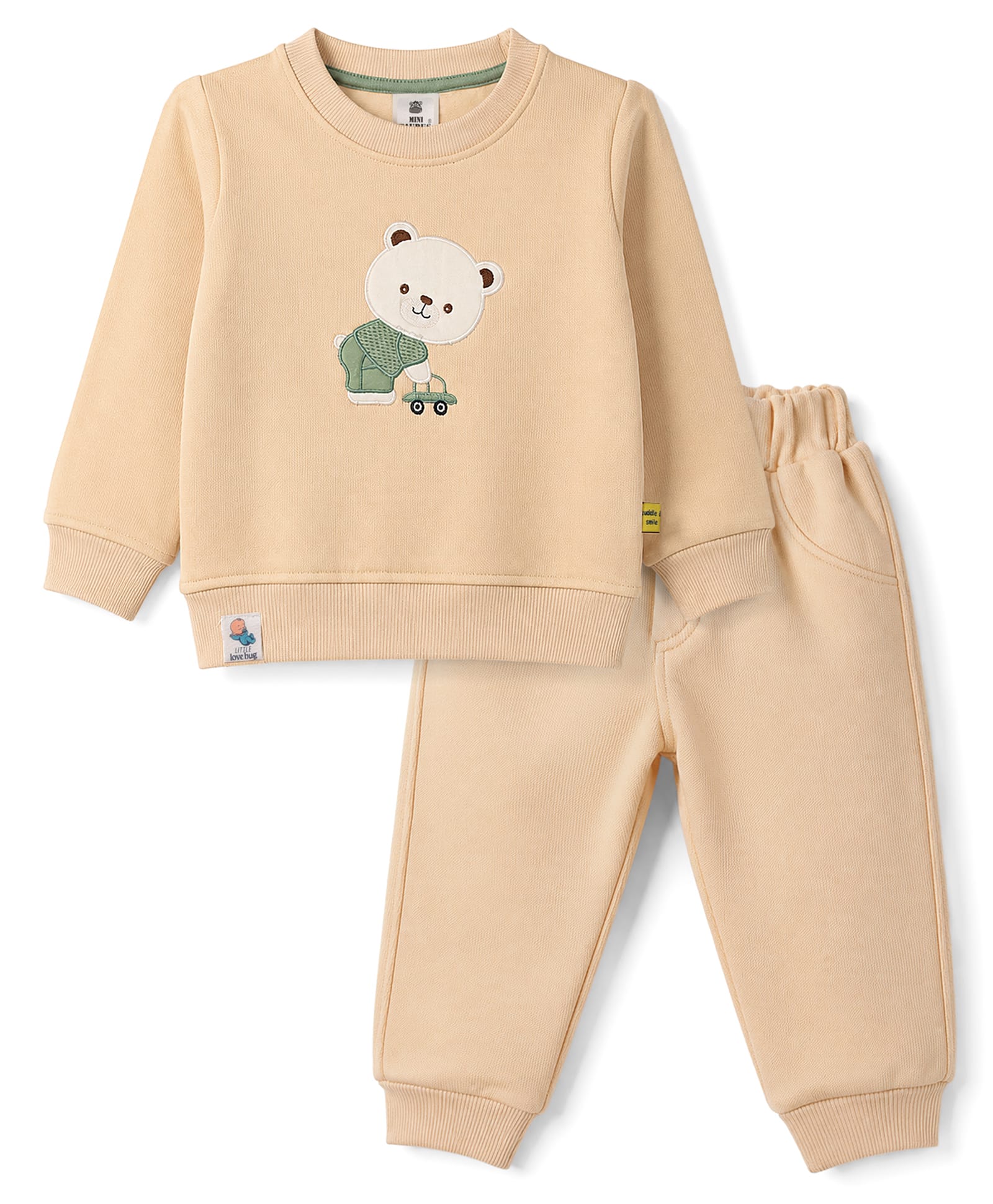 Mini Taurus Fleece Knit Full Sleeves Winter Wear T-Shirt & Lounge Pant Set Bear Print - Beige-picture-13