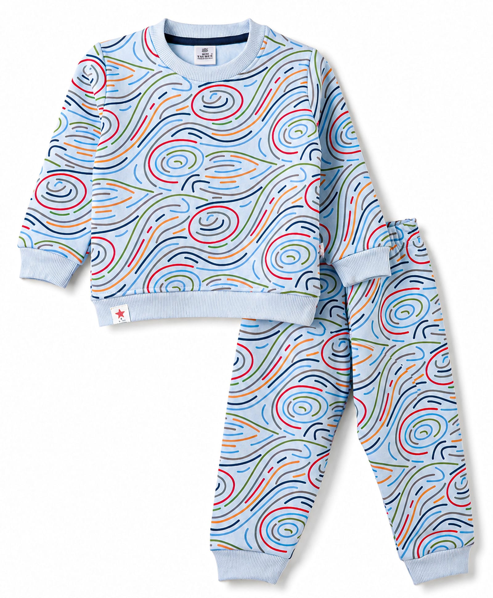 Mini Taurus Fleece Knit Full Sleeves Co-ord T-Shirt & Pyjama Winter Night Suit with Abstract Print - Sky Blue-picture-40