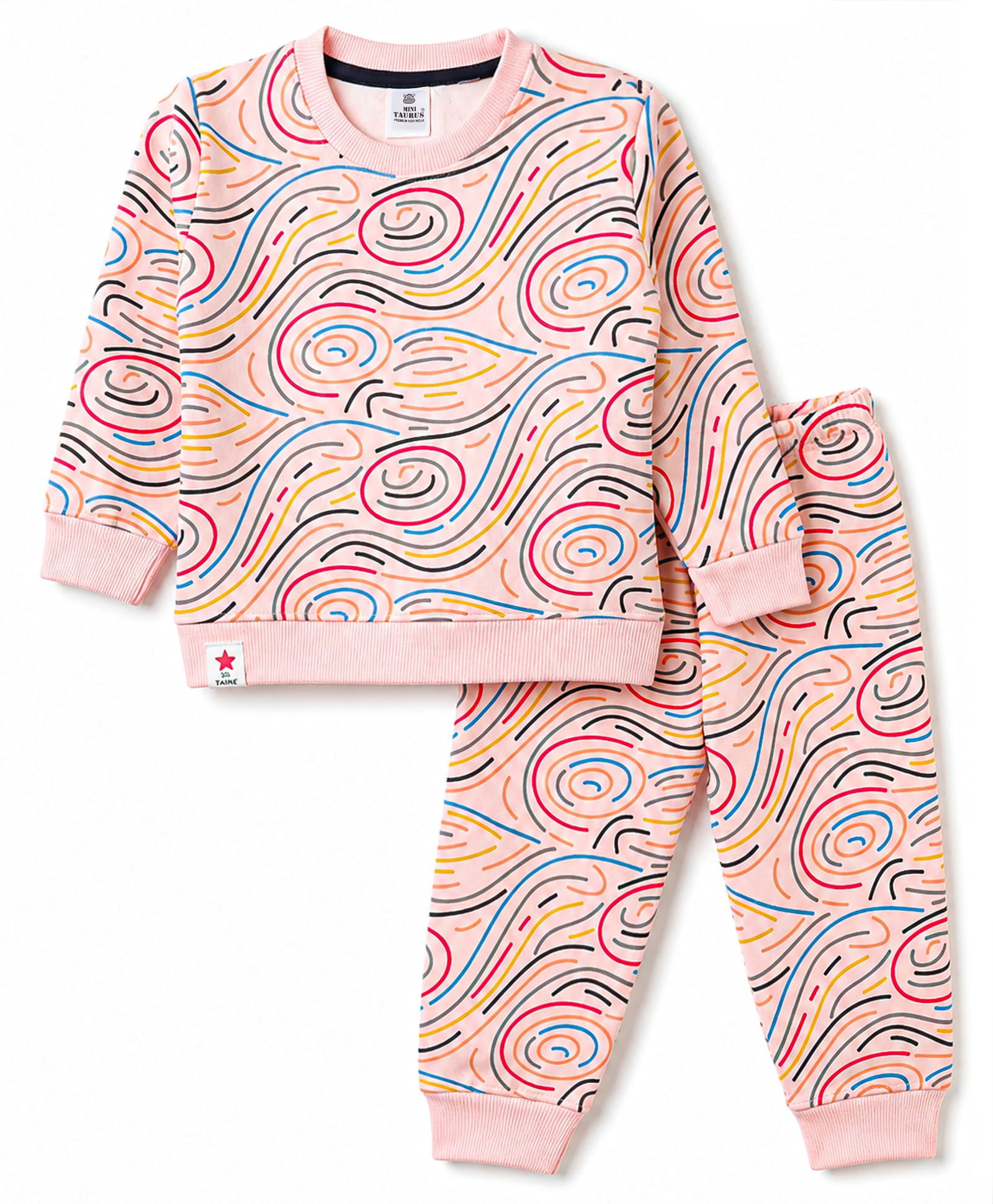 Mini Taurus Fleece Knit Full Sleeves Co-ord T-Shirt & Pyjama Winter Night Suit with Abstract Print - Peach-picture-47