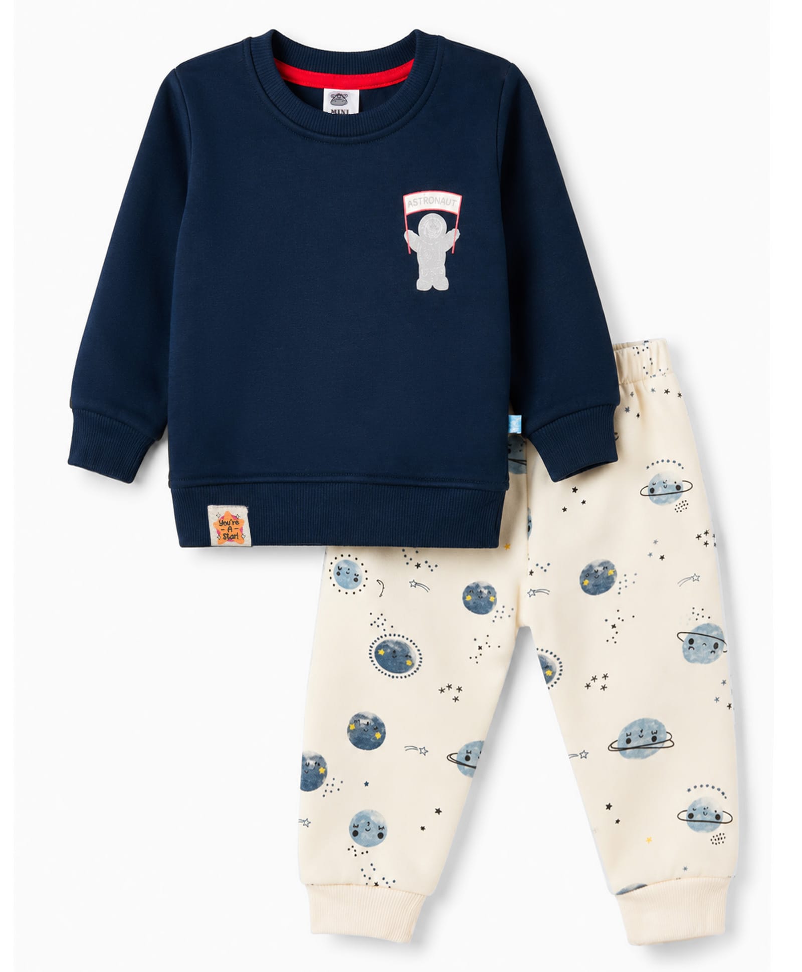 Mini Taurus Fleece Knit Full Sleeves T-Shirt & Pajama Night Suit Astronaut Print - Navy-image-37