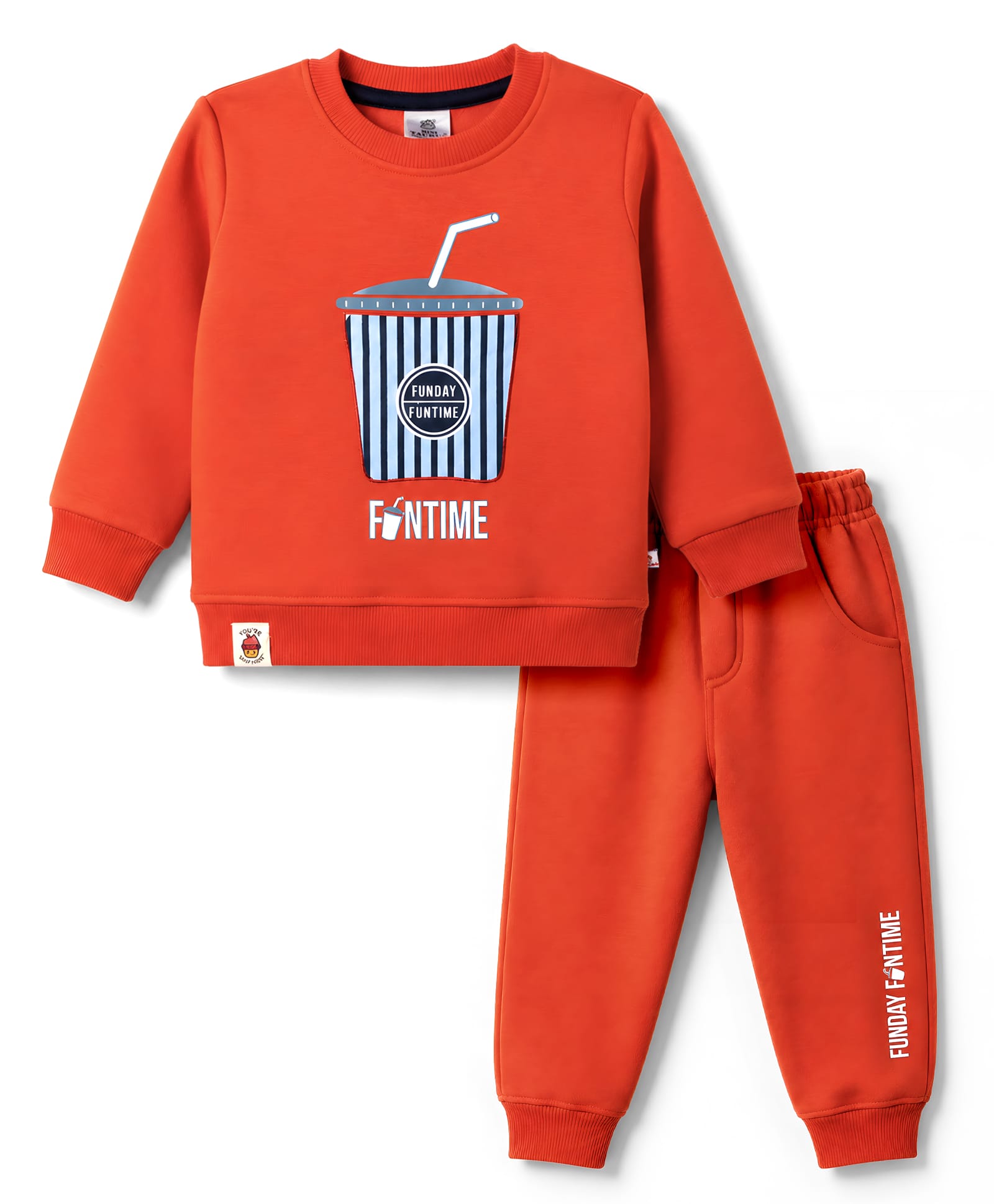 Mini Taurus Fleece Knit Full Sleeves Winter Wear T-Shirt & Lounge Pant Set Fun Time Print - Coral-image-38