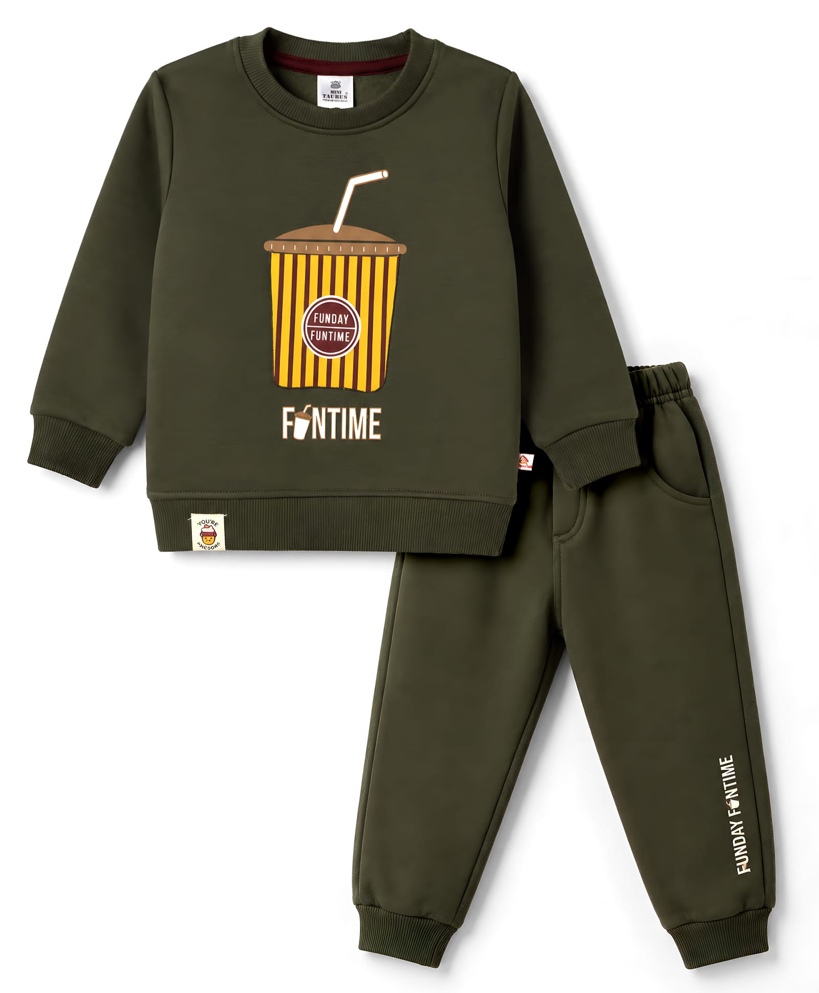 Mini Taurus Fleece Knit Full Sleeves Winter Wear T-Shirt & Lounge Pant Set Fun Time Print - Olive Green-image-49