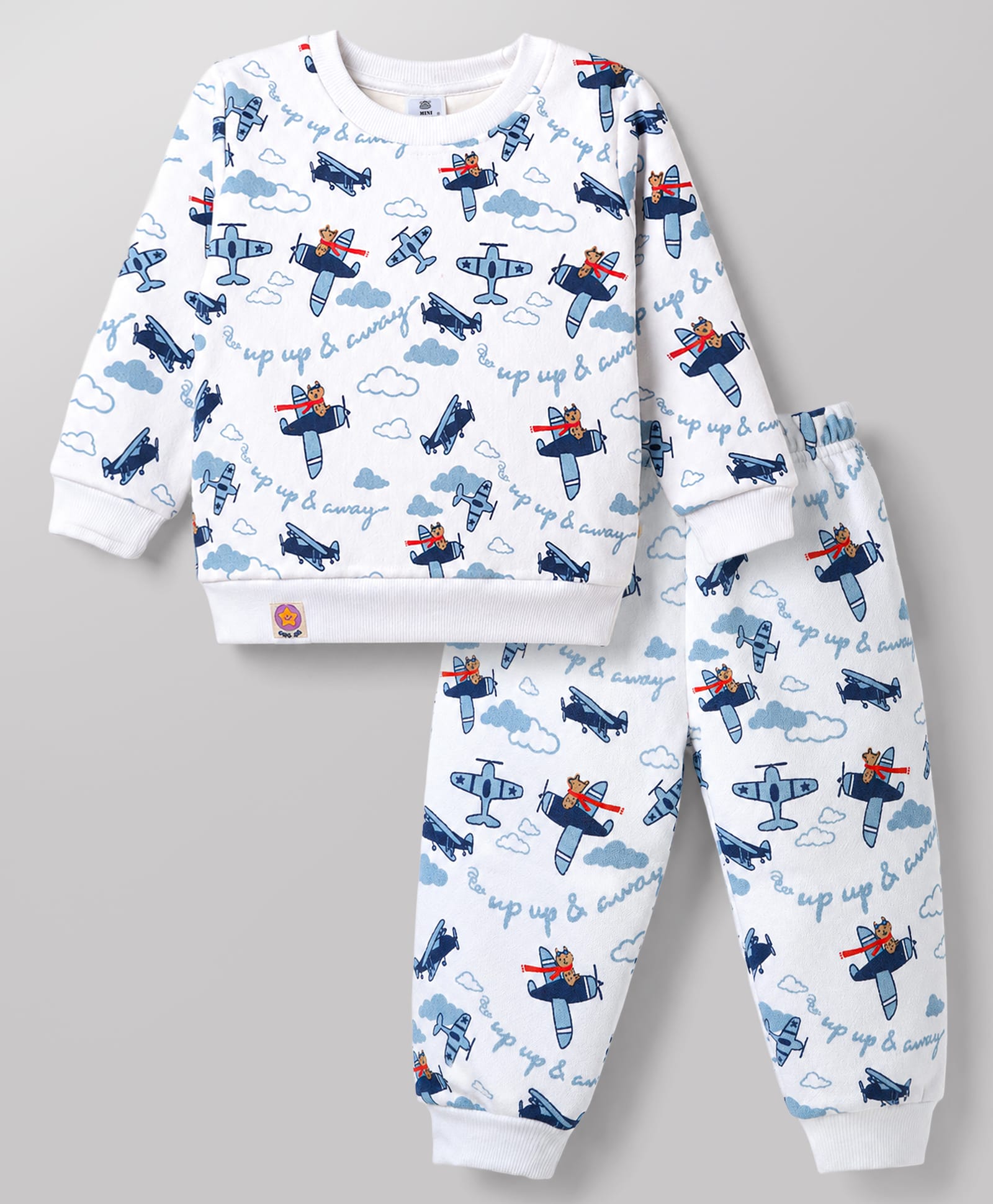 Mini Taurus Fleece Knit Full Sleeves Co-ord T-Shirt & Pyjama Winter Night Suit with Airplane Print - White-image-35