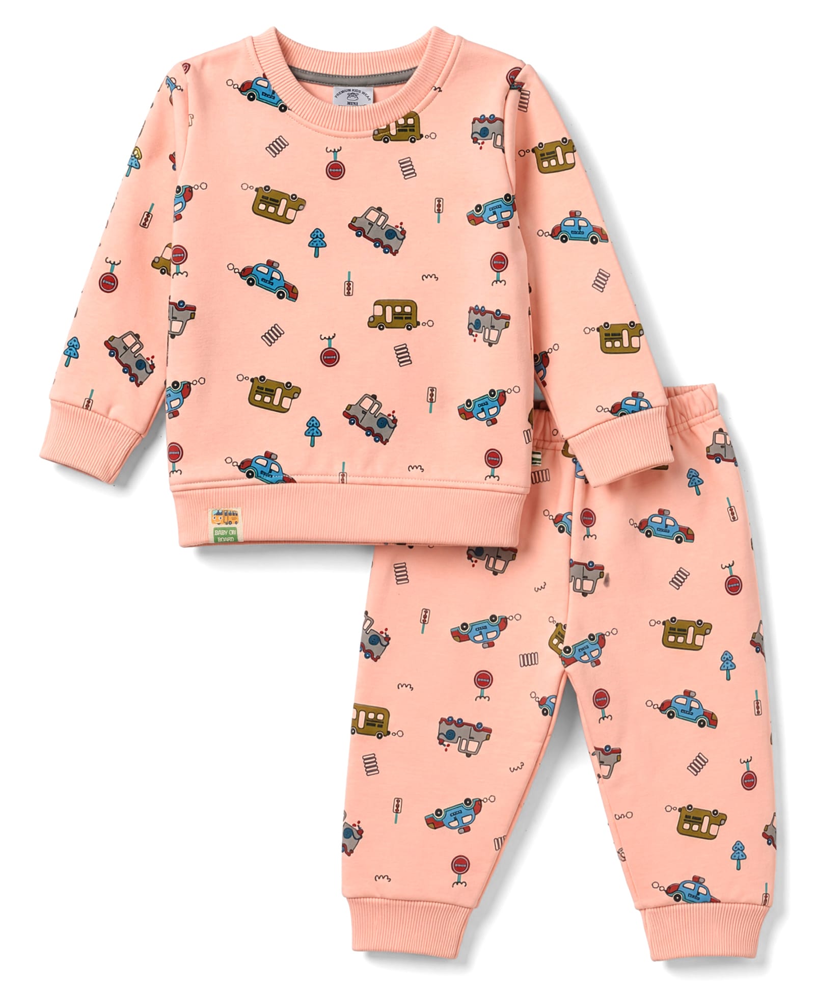 Mini Taurus Fleece Knit Full Sleeves Co-ord T-Shirt & Pyjama Winter Night Suit with Vehicles Print - Peach-image-34