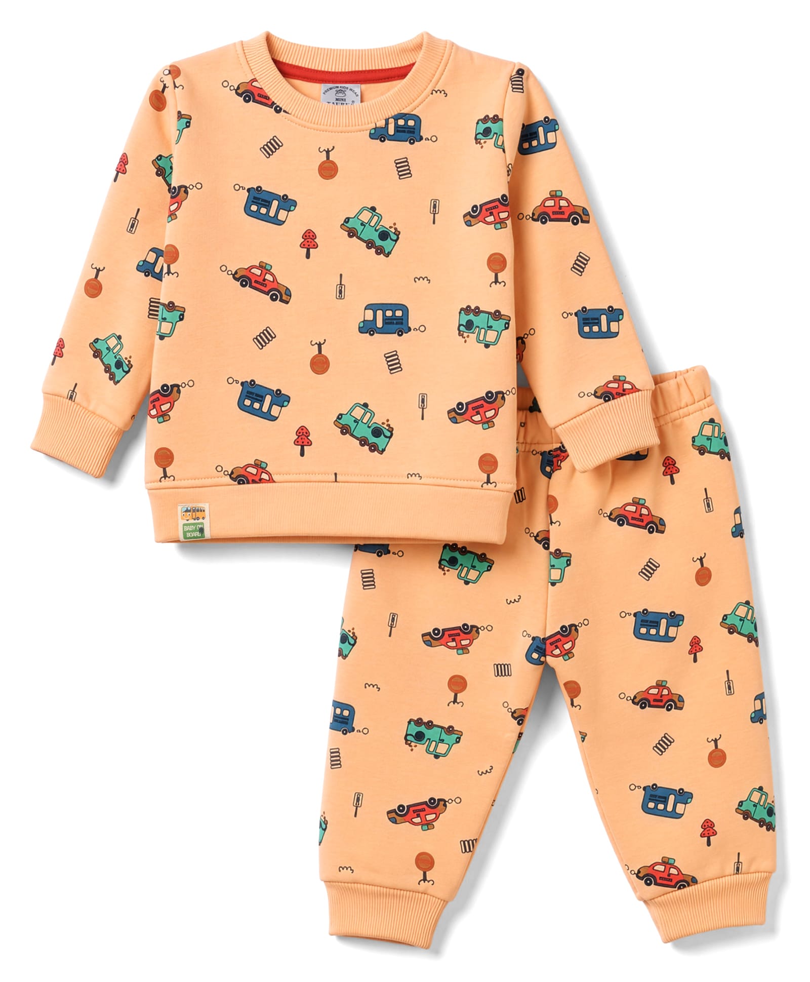 Mini Taurus Fleece Knit Full Sleeves Co-ord T-Shirt & Pyjama Winter Night Suit with Vehicles Print - Orange-picture-36