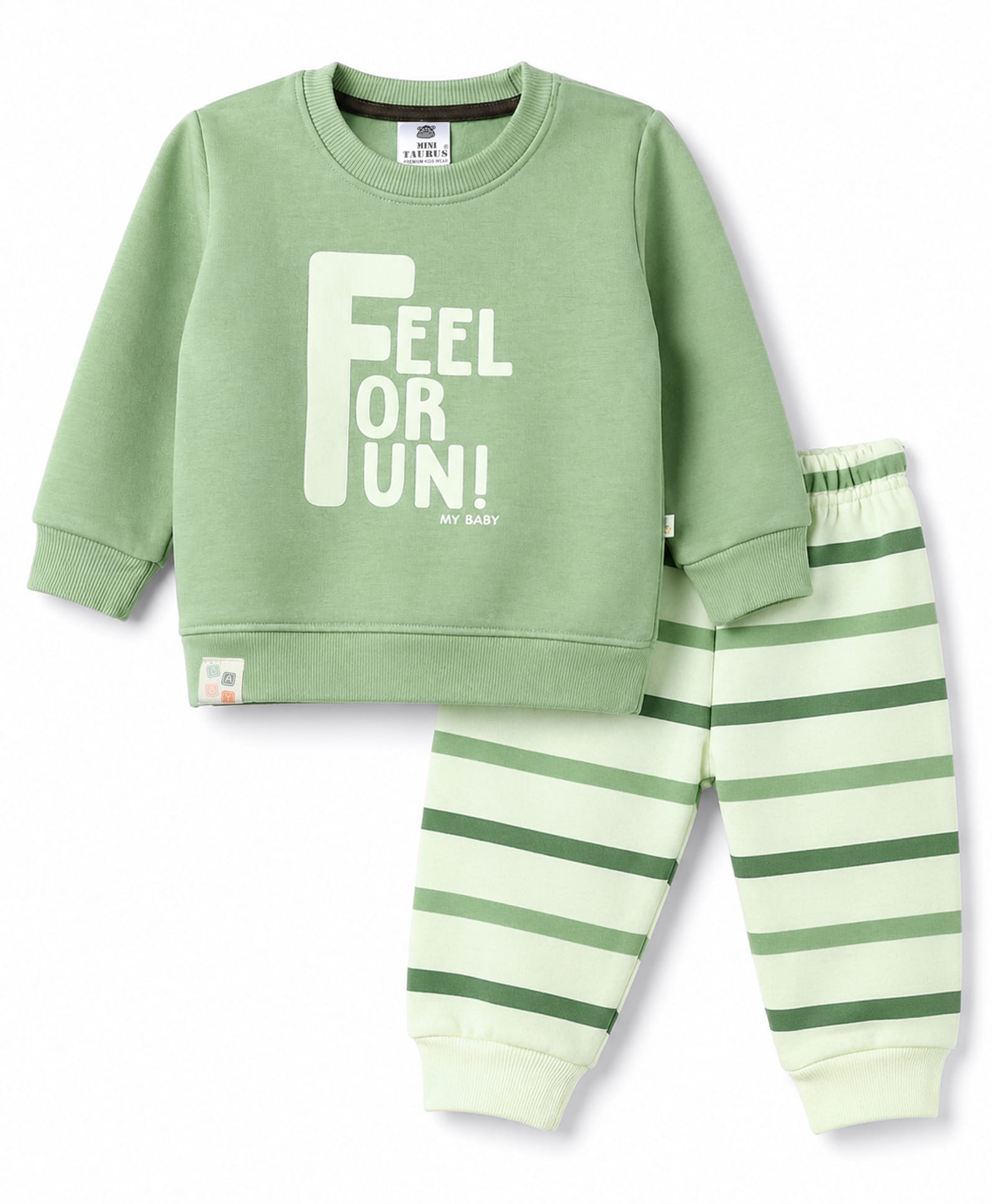 Mini Taurus Fleece Knit Full Sleeves T-Shirt & Pyjama Winter Night Suit with Stripes & Text Print - Green-image-40